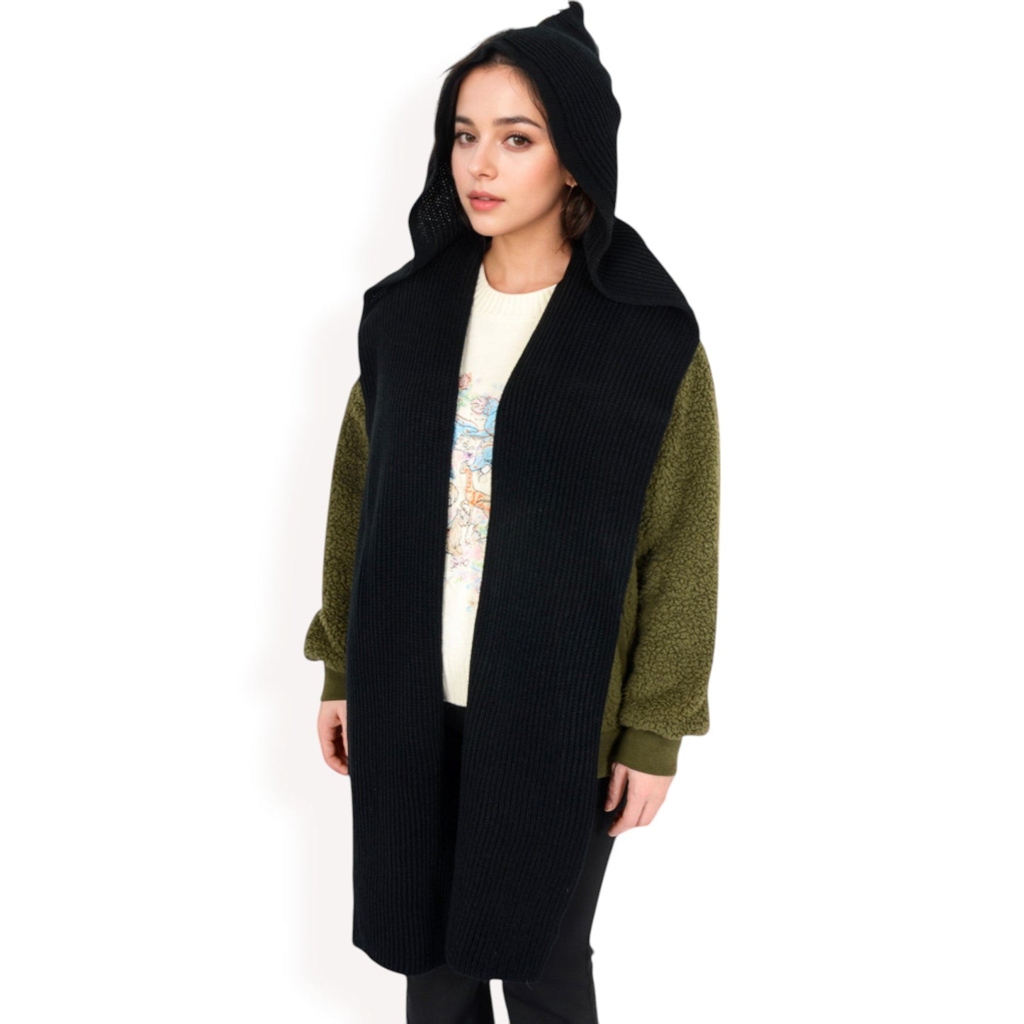 Knitted Hooded Scarf with Versatile Design and Warm Ribbed Texture for Stylish Comfort and Winter Protection