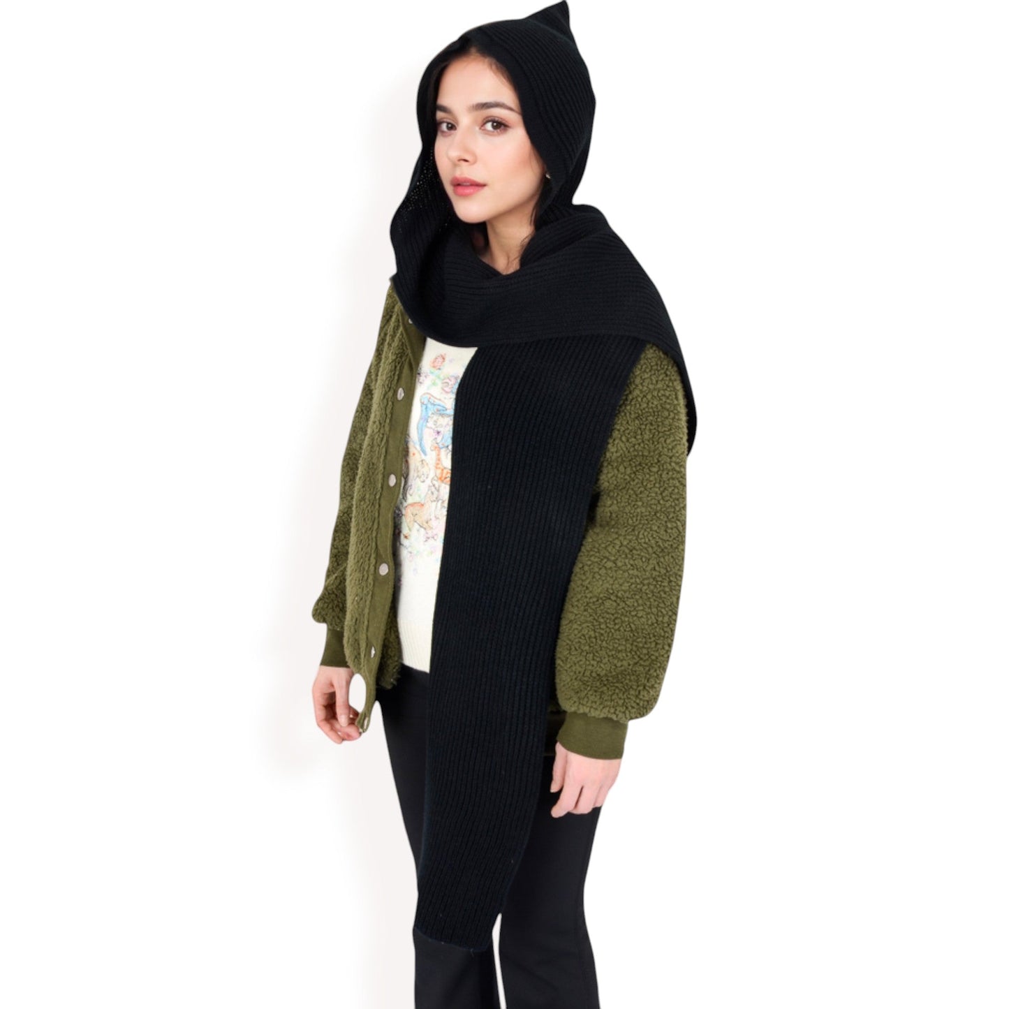 Knitted Hooded Scarf with Versatile Design and Warm Ribbed Texture for Stylish Comfort and Winter Protection