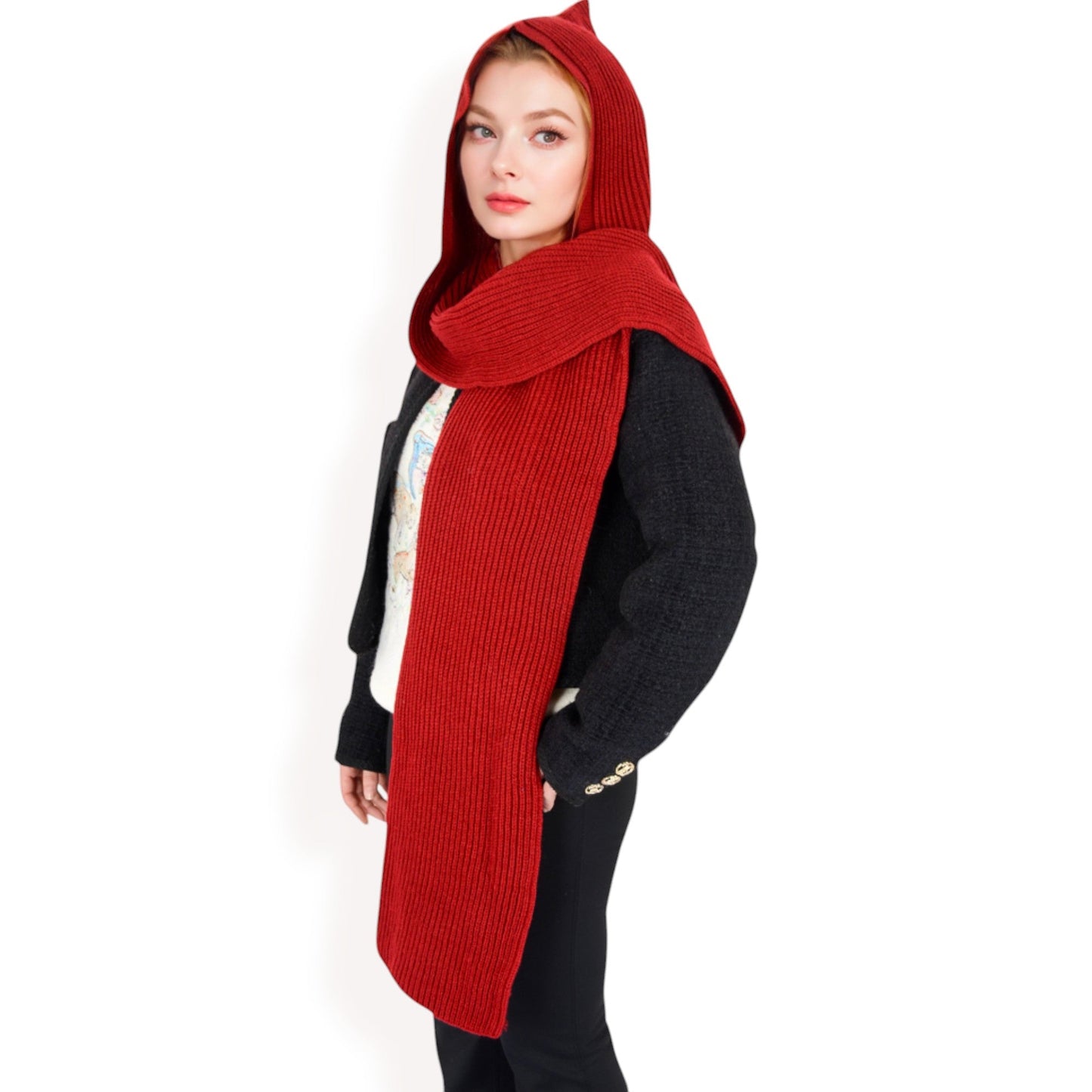 Knitted Hooded Scarf with Versatile Design and Warm Ribbed Texture for Stylish Comfort and Winter Protection