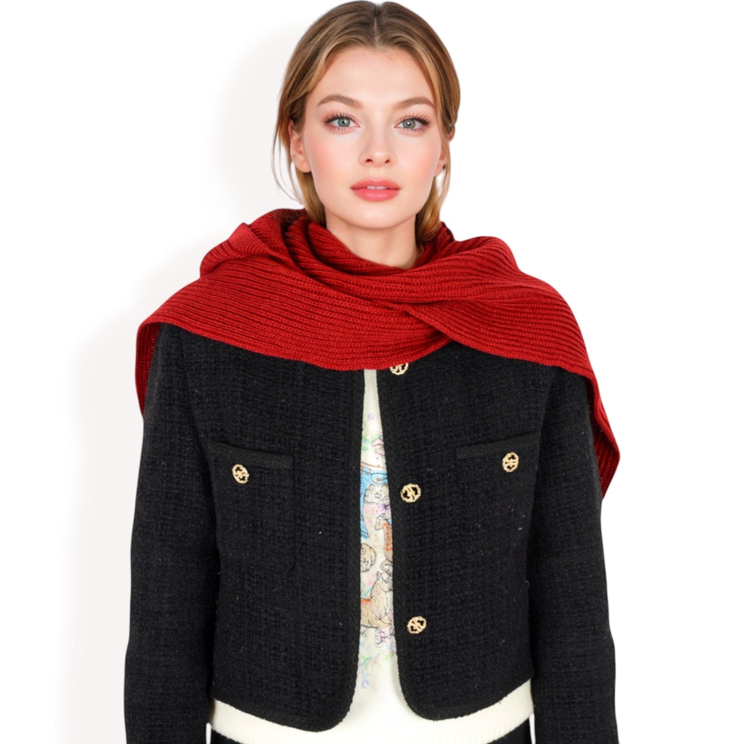 Knitted Hooded Scarf with Versatile Design and Warm Ribbed Texture for Stylish Comfort and Winter Protection