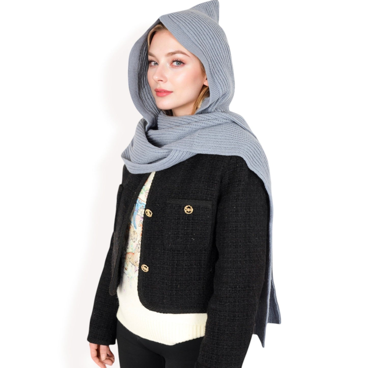 Knitted Hooded Scarf with Versatile Design and Warm Ribbed Texture for Stylish Comfort and Winter Protection