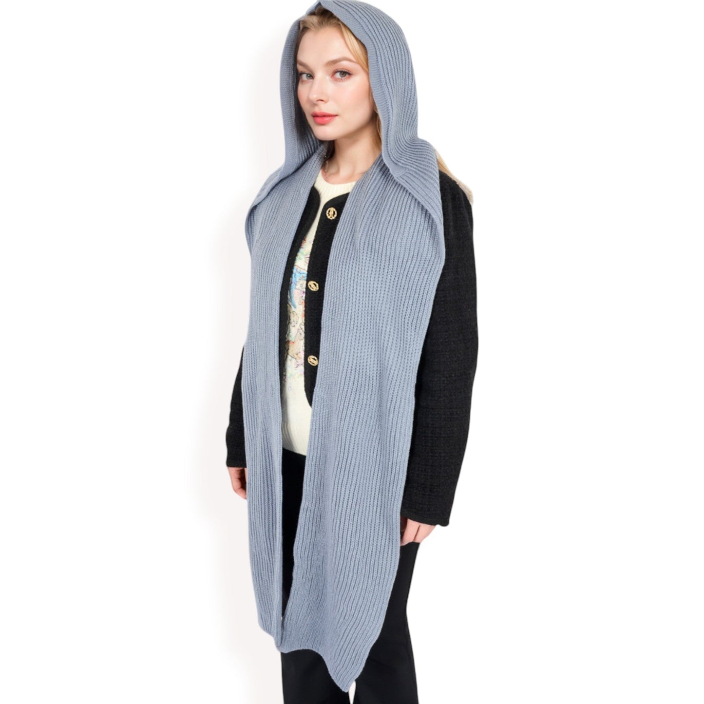 Knitted Hooded Scarf with Versatile Design and Warm Ribbed Texture for Stylish Comfort and Winter Protection
