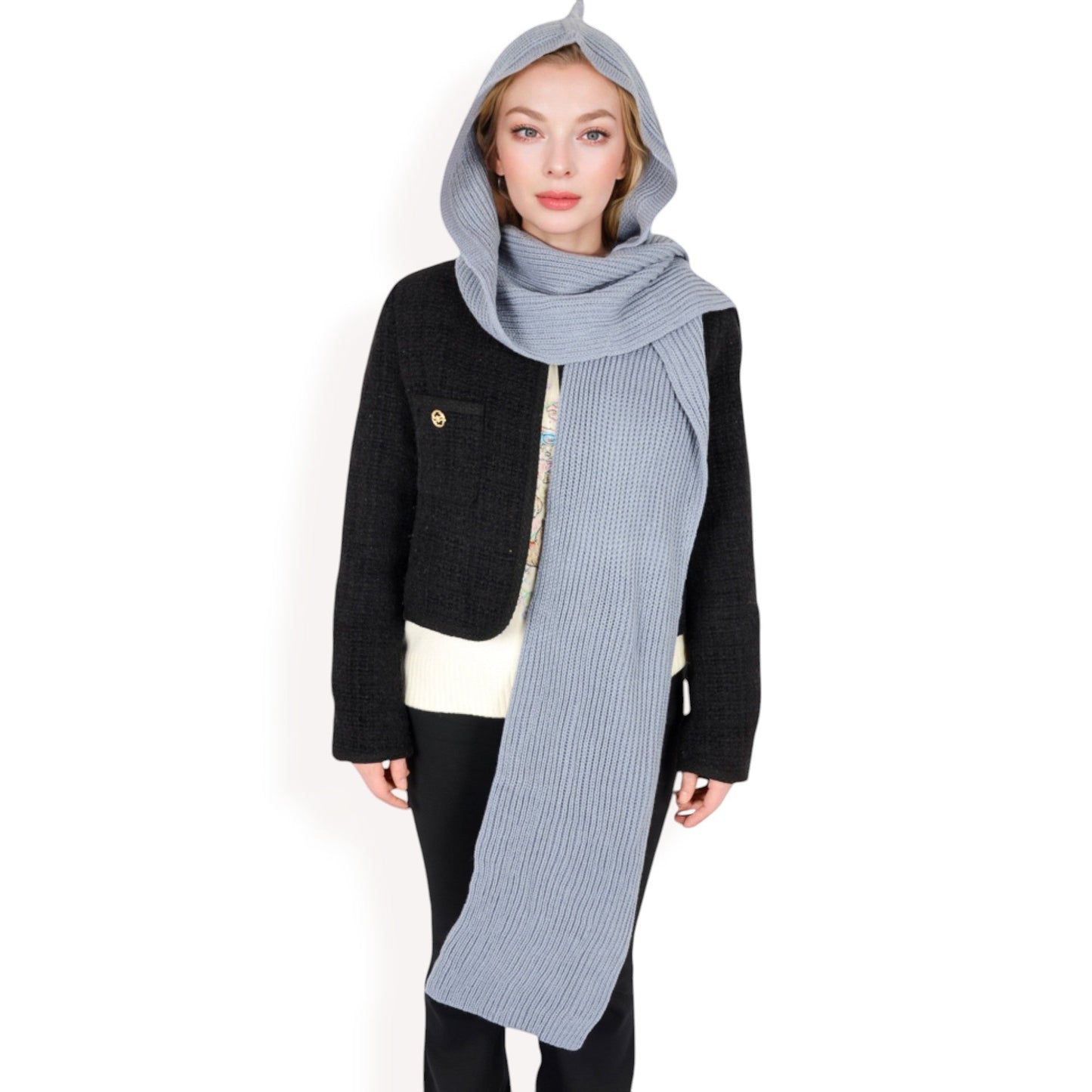 Knitted Hooded Scarf with Versatile Design and Warm Ribbed Texture for Stylish Comfort and Winter Protection