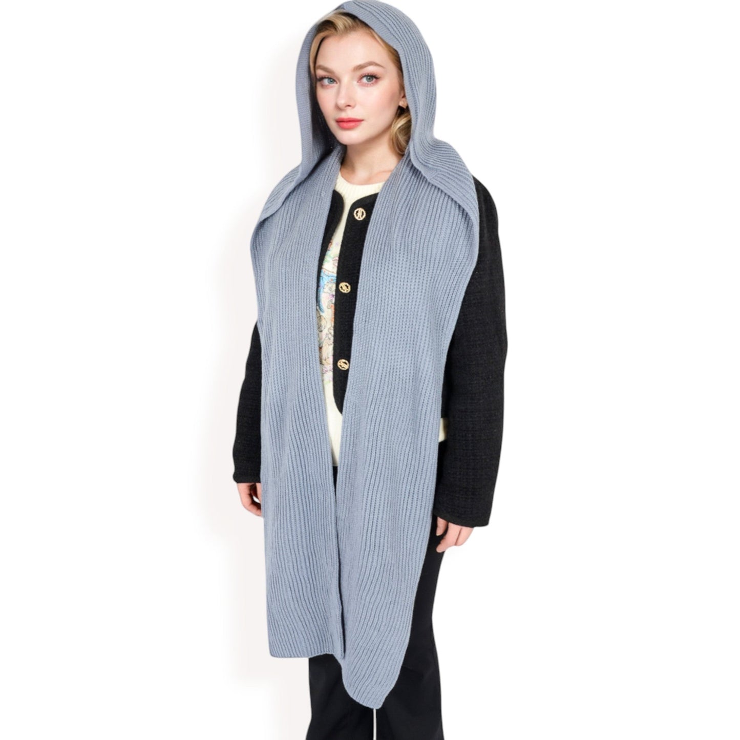 Knitted Hooded Scarf with Versatile Design and Warm Ribbed Texture for Stylish Comfort and Winter Protection