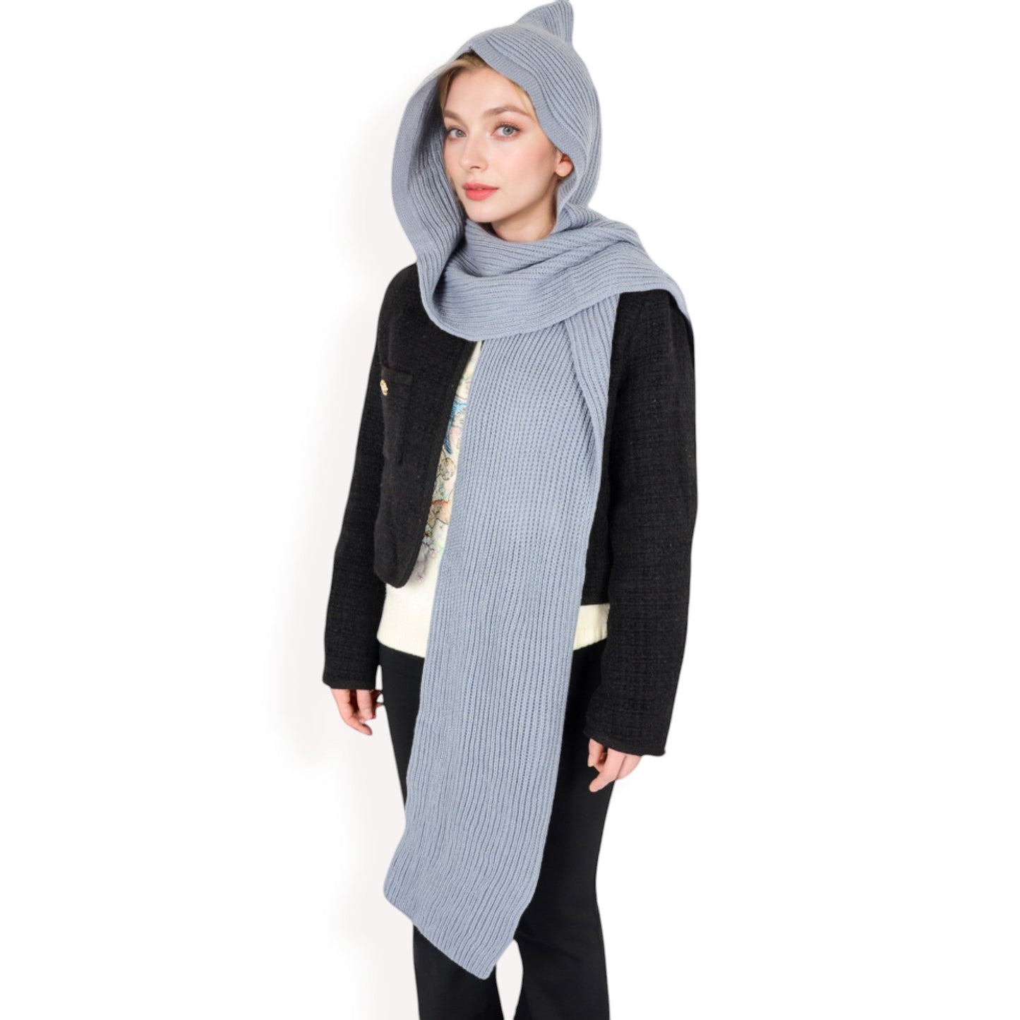 Knitted Hooded Scarf with Versatile Design and Warm Ribbed Texture for Stylish Comfort and Winter Protection