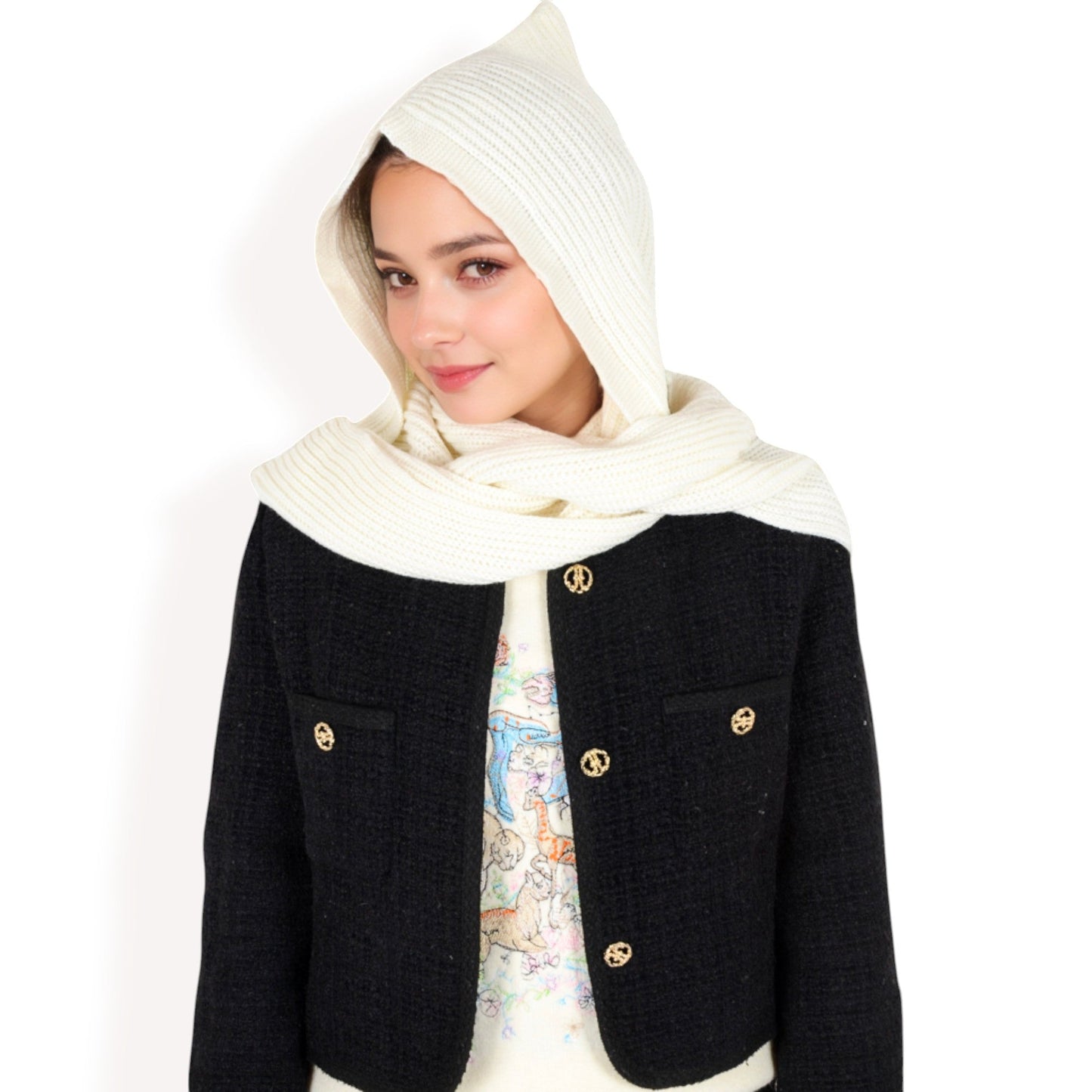 Knitted Hooded Scarf with Versatile Design and Warm Ribbed Texture for Stylish Comfort and Winter Protection