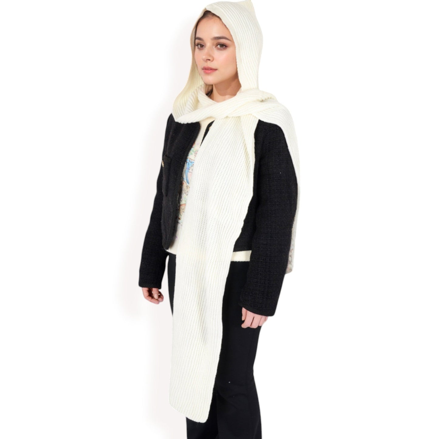 Knitted Hooded Scarf with Versatile Design and Warm Ribbed Texture for Stylish Comfort and Winter Protection