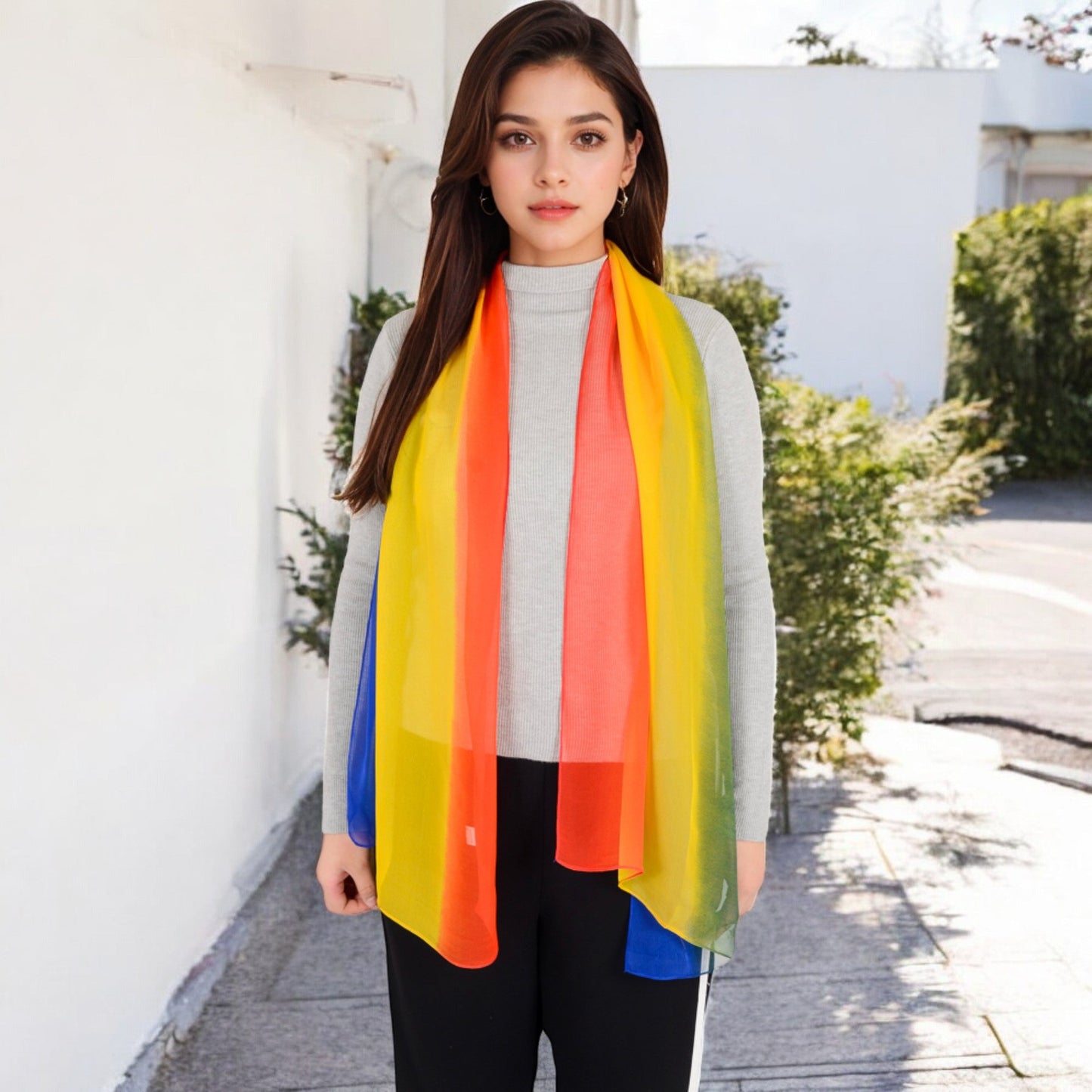 Lightweight Gradient Chiffon Scarves with Flowing Ruffled Edges in Vibrant Multi-Color Designs