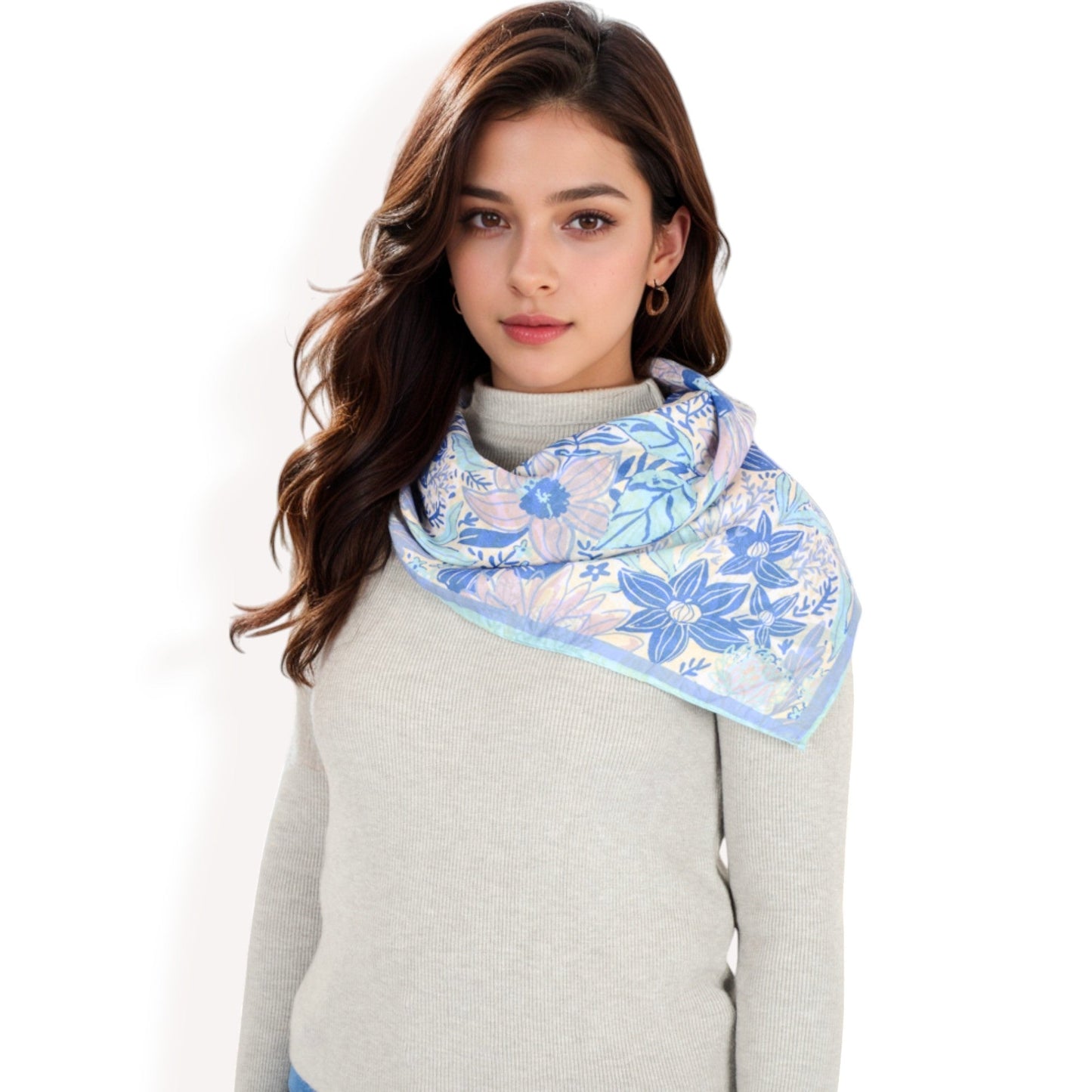 Floral Printed Satin Square Scarves with Elegant Patterns and Contrast Borders for Chic and Versatile Styling