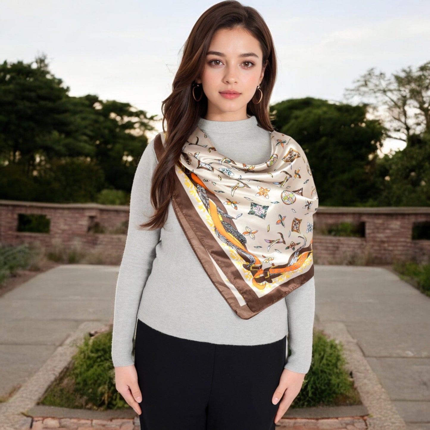 Vintage-Inspired Satin Square Scarves with Vibrant Patterns and Bold Feather and Butterfly Motifs