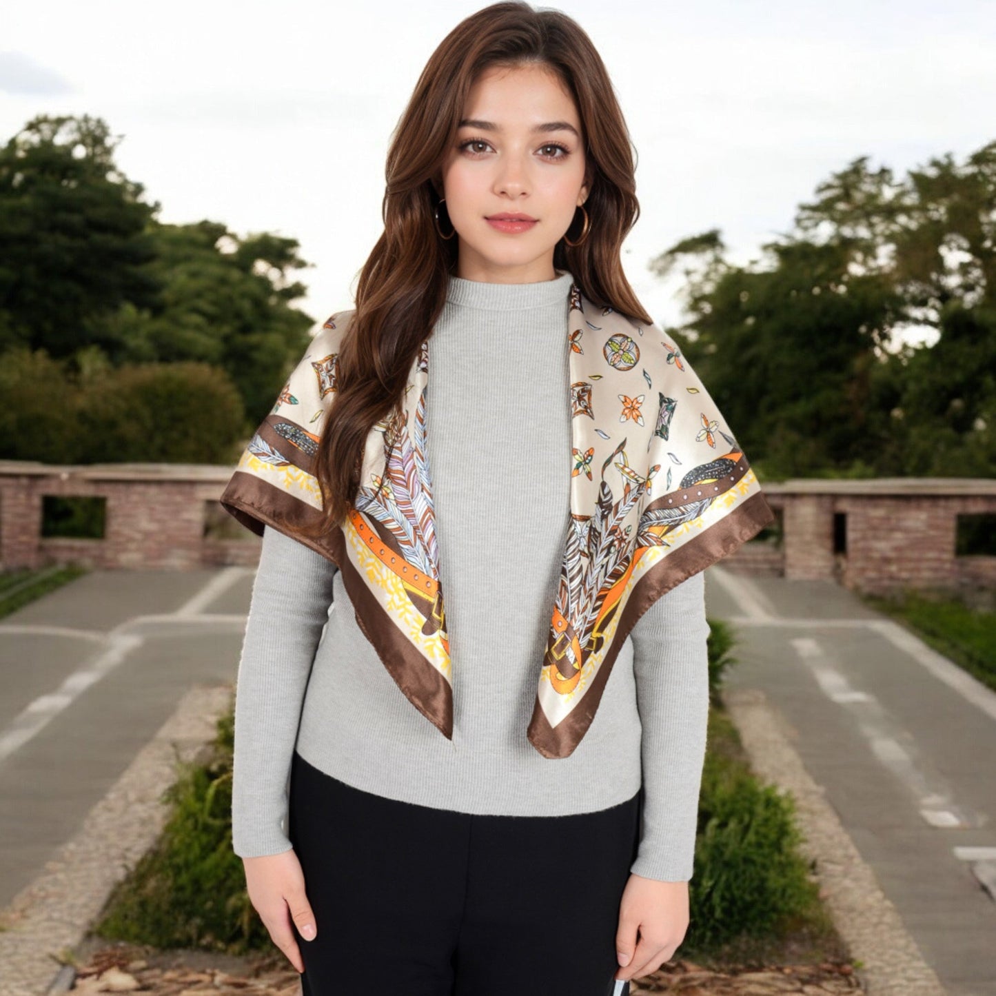 Vintage-Inspired Satin Square Scarves with Vibrant Patterns and Bold Feather and Butterfly Motifs