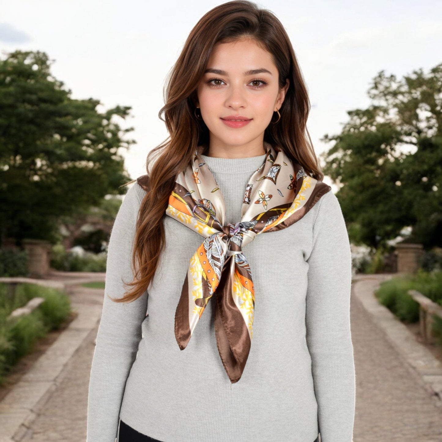 Vintage-Inspired Satin Square Scarves with Vibrant Patterns and Bold Feather and Butterfly Motifs