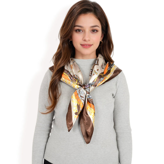Vintage-Inspired Satin Square Scarves with Vibrant Patterns and Bold Feather and Butterfly Motifs