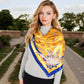Vintage-Inspired Satin Square Scarves with Vibrant Patterns and Bold Feather and Butterfly Motifs