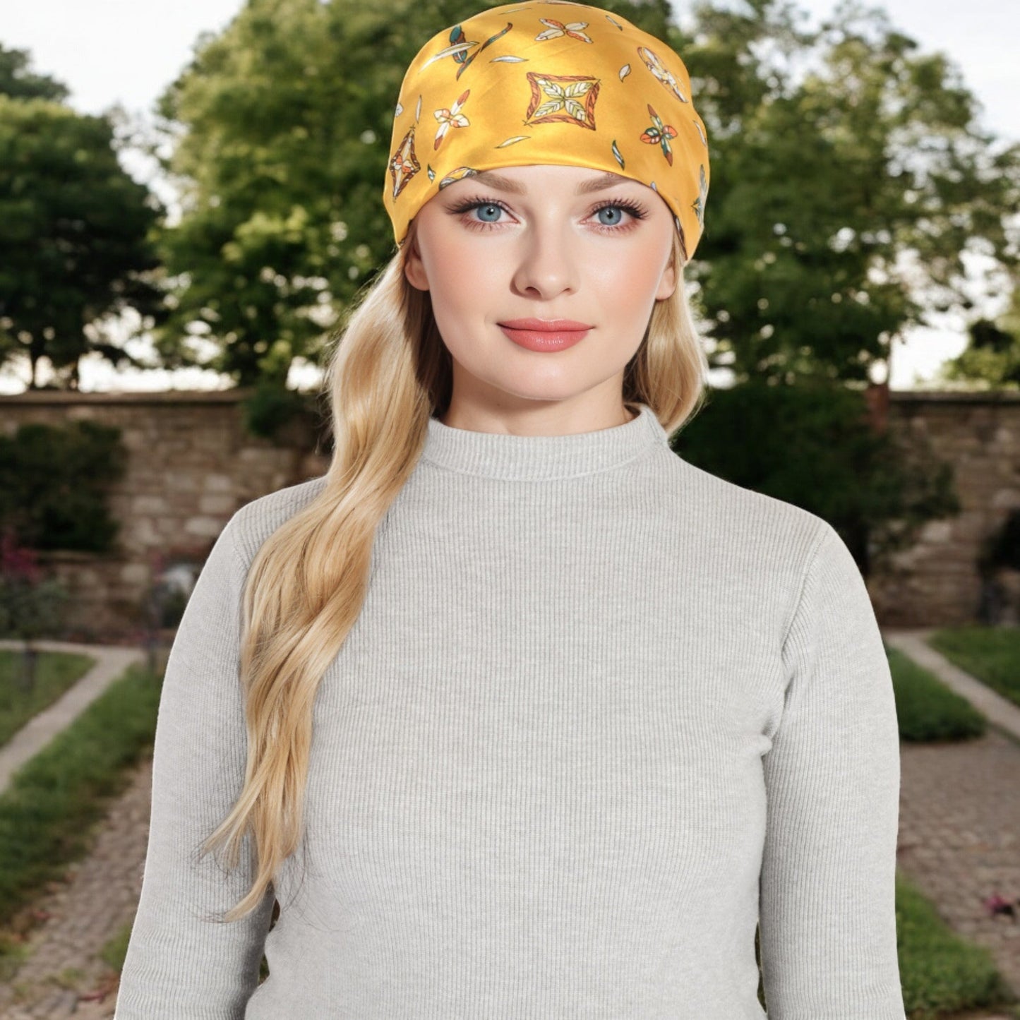 Vintage-Inspired Satin Square Scarves with Vibrant Patterns and Bold Feather and Butterfly Motifs