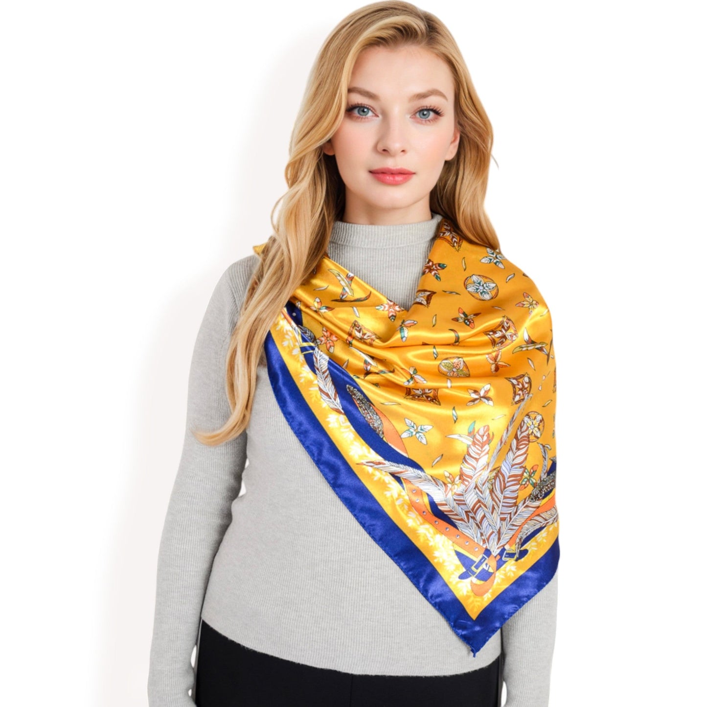 Vintage-Inspired Satin Square Scarves with Vibrant Patterns and Bold Feather and Butterfly Motifs