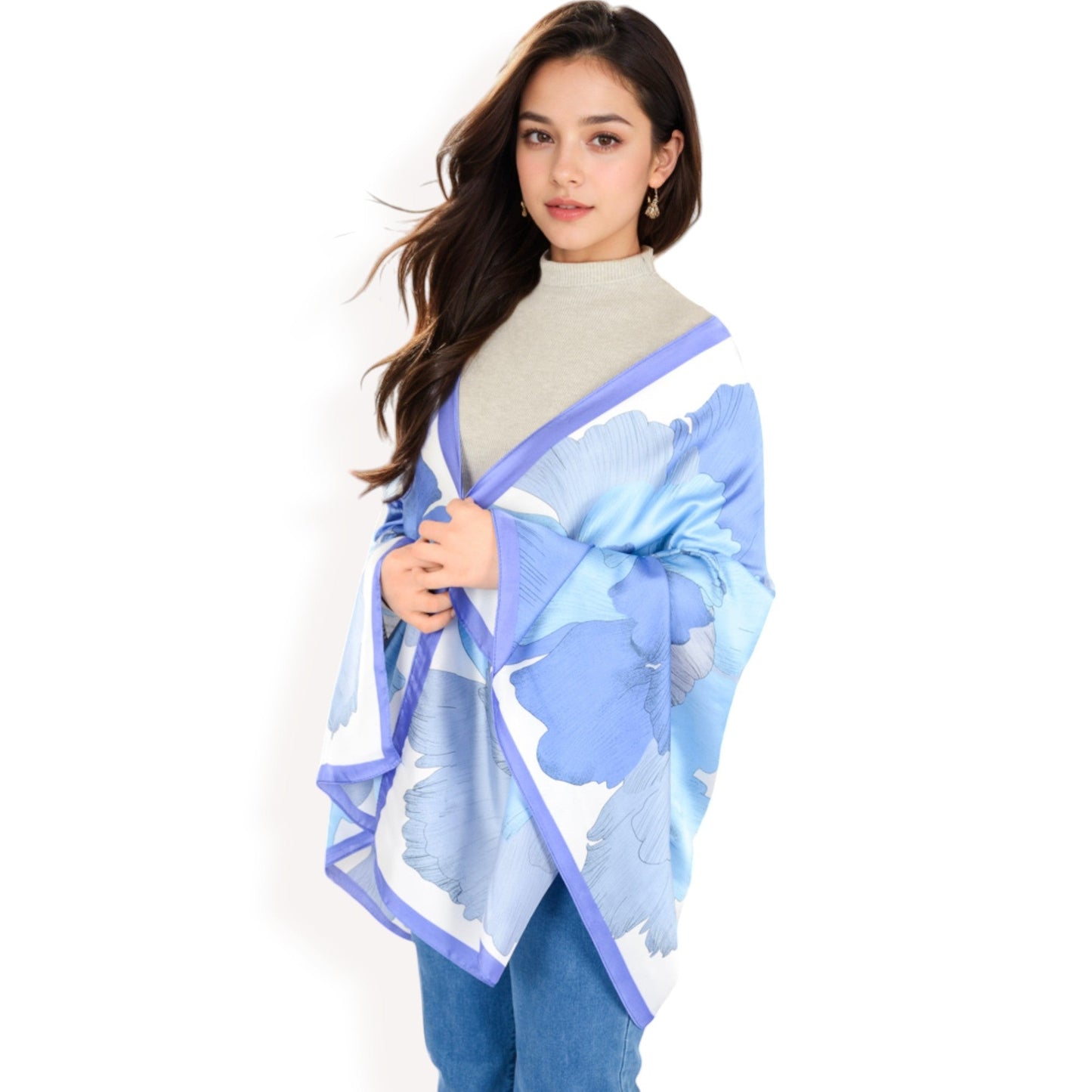 Elegant Floral Satin Scarf with Vibrant Blue and Lavender Tones for Chic and Versatile Styling