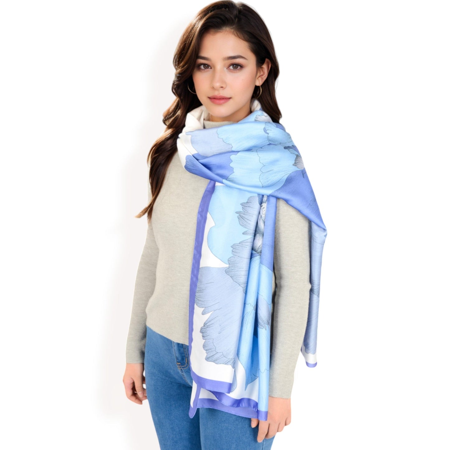Elegant Floral Satin Scarf with Vibrant Blue and Lavender Tones for Chic and Versatile Styling
