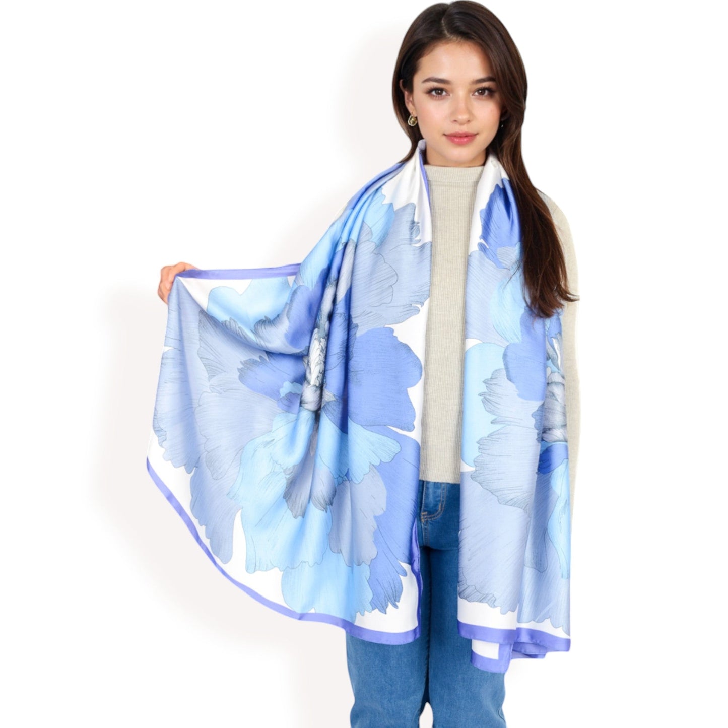 Elegant Floral Satin Scarf with Vibrant Blue and Lavender Tones for Chic and Versatile Styling