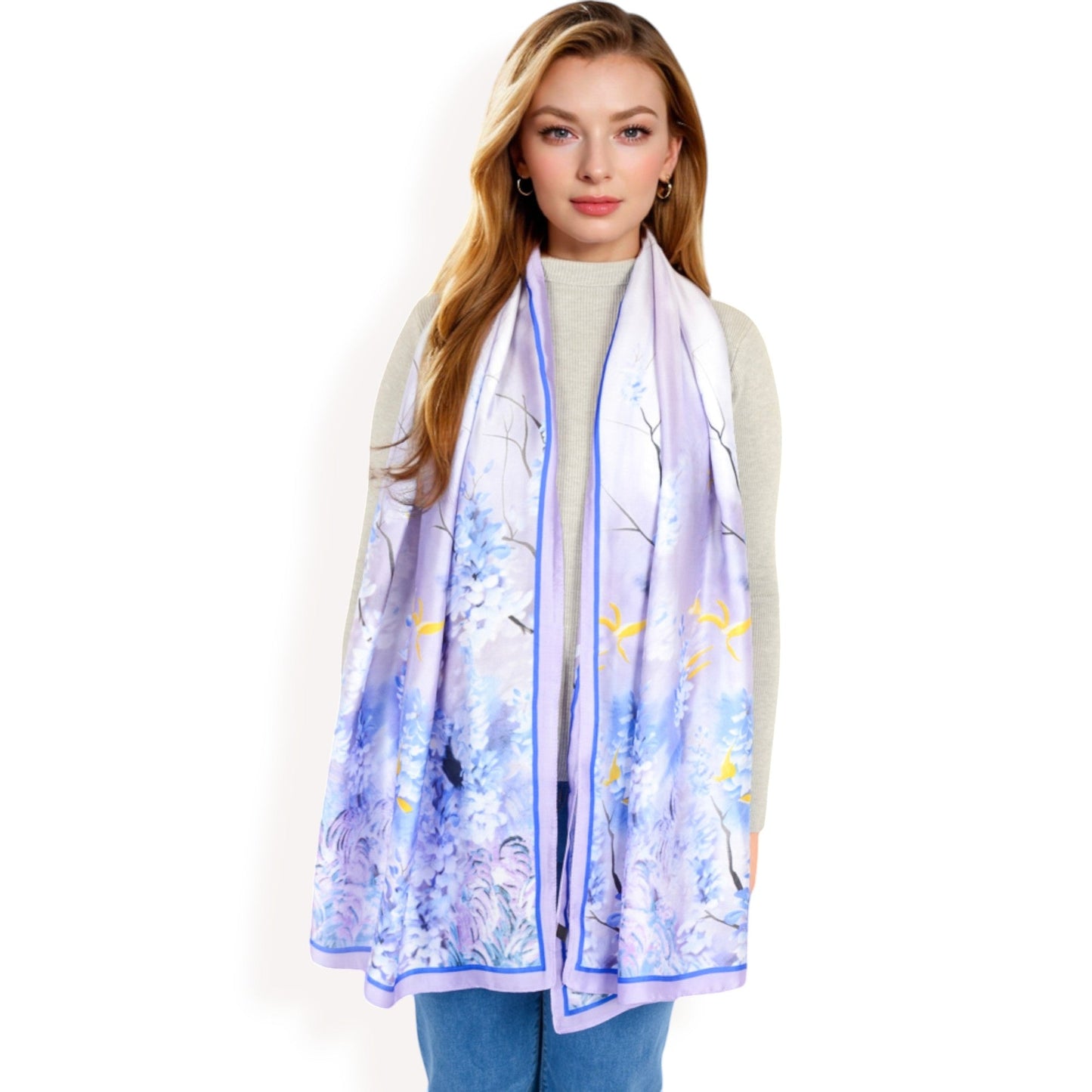 Elegant Floral Satin Scarf with Vibrant Blue and Lavender Tones for Chic and Versatile Styling