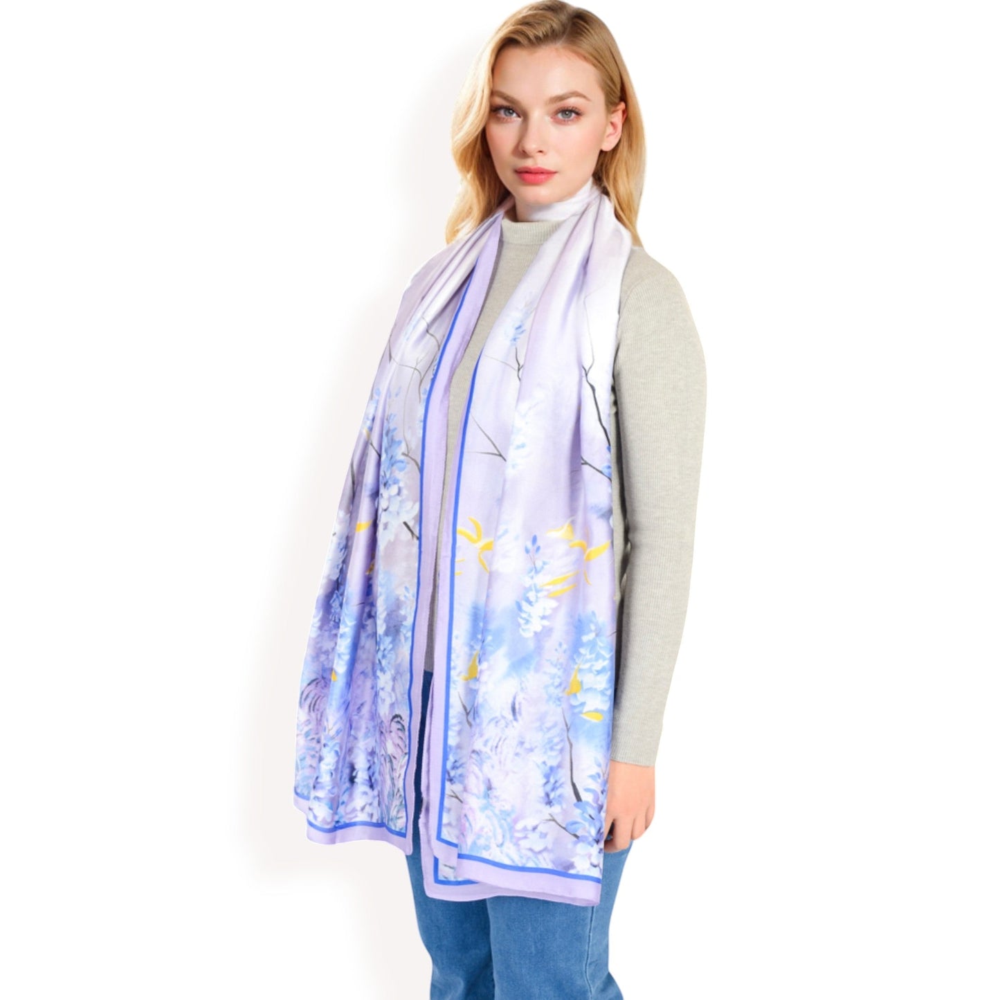 Elegant Floral Satin Scarf with Vibrant Blue and Lavender Tones for Chic and Versatile Styling
