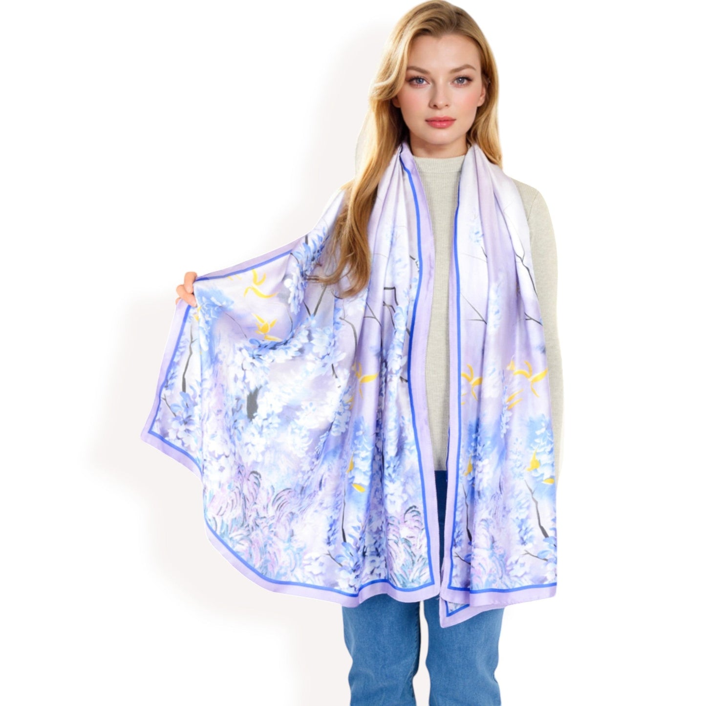 Elegant Floral Satin Scarf with Vibrant Blue and Lavender Tones for Chic and Versatile Styling
