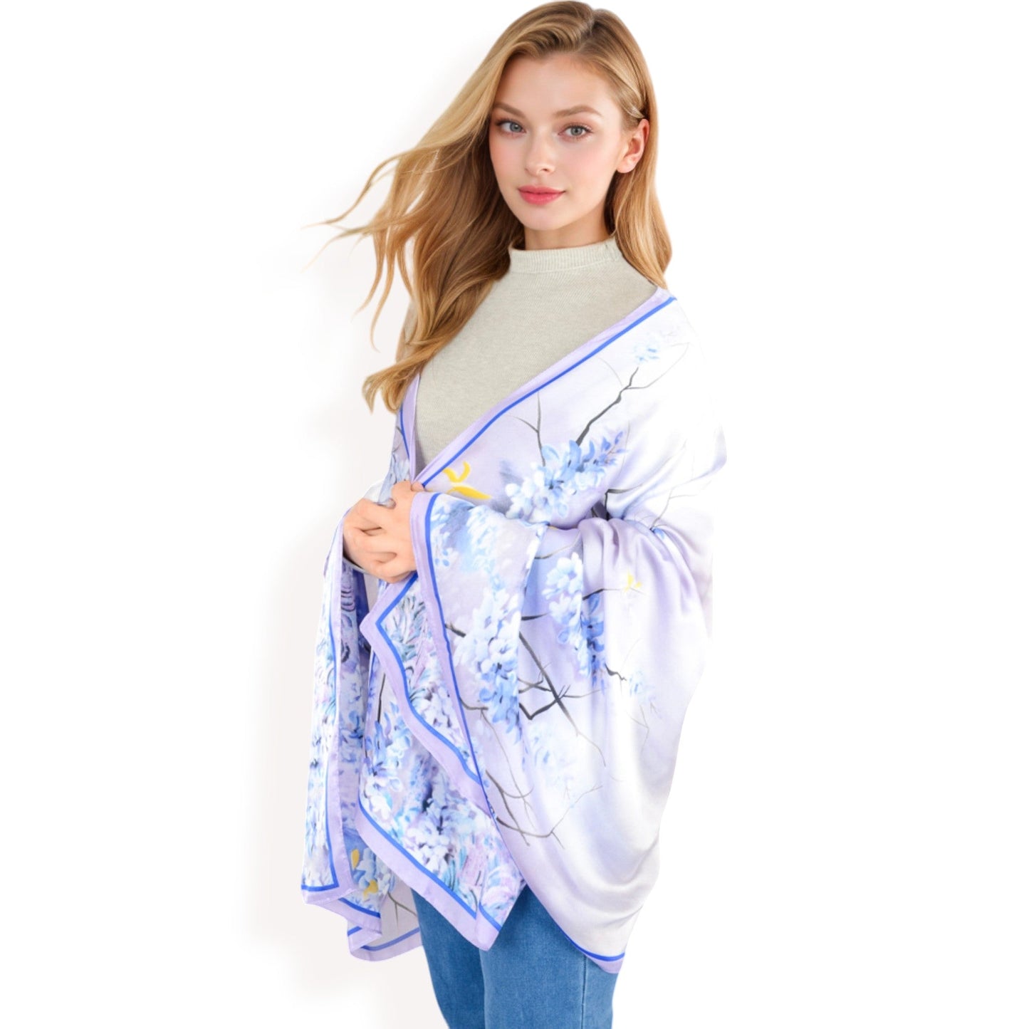 Elegant Floral Satin Scarf with Vibrant Blue and Lavender Tones for Chic and Versatile Styling