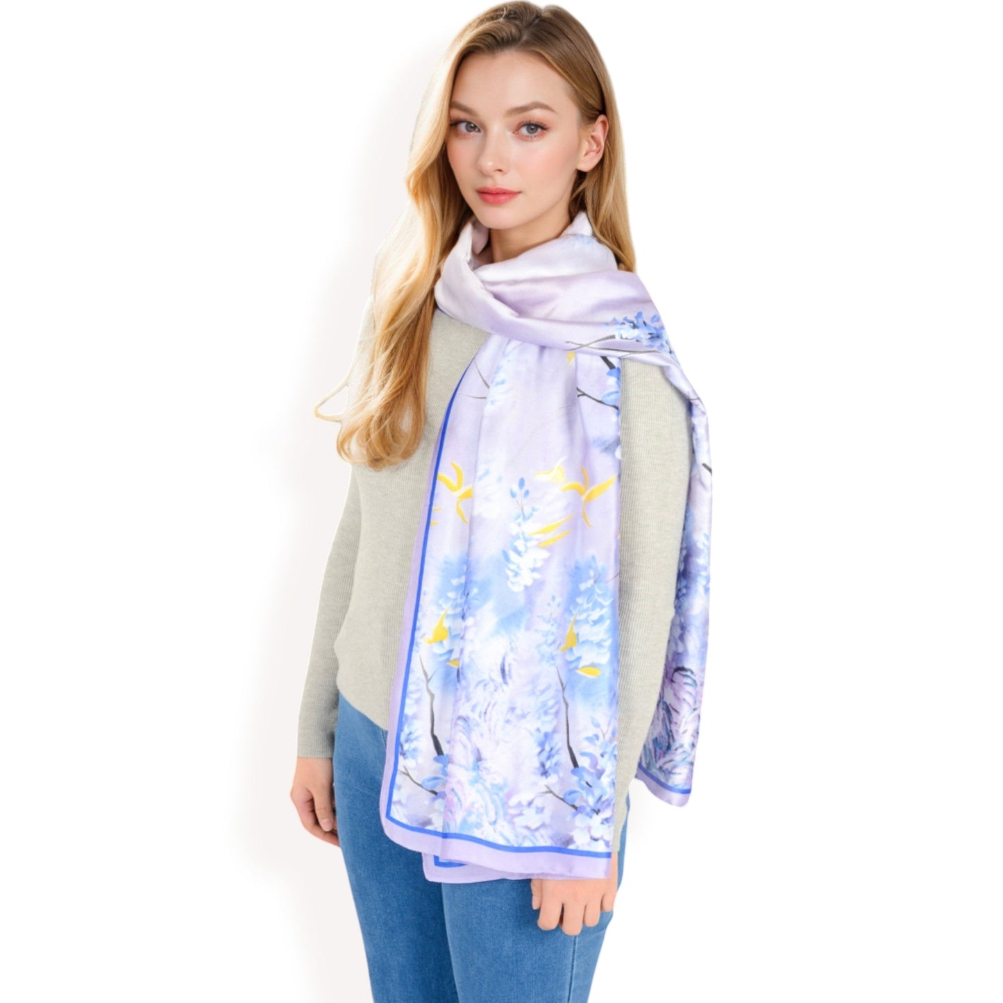 Elegant Floral Satin Scarf with Vibrant Blue and Lavender Tones for Chic and Versatile Styling