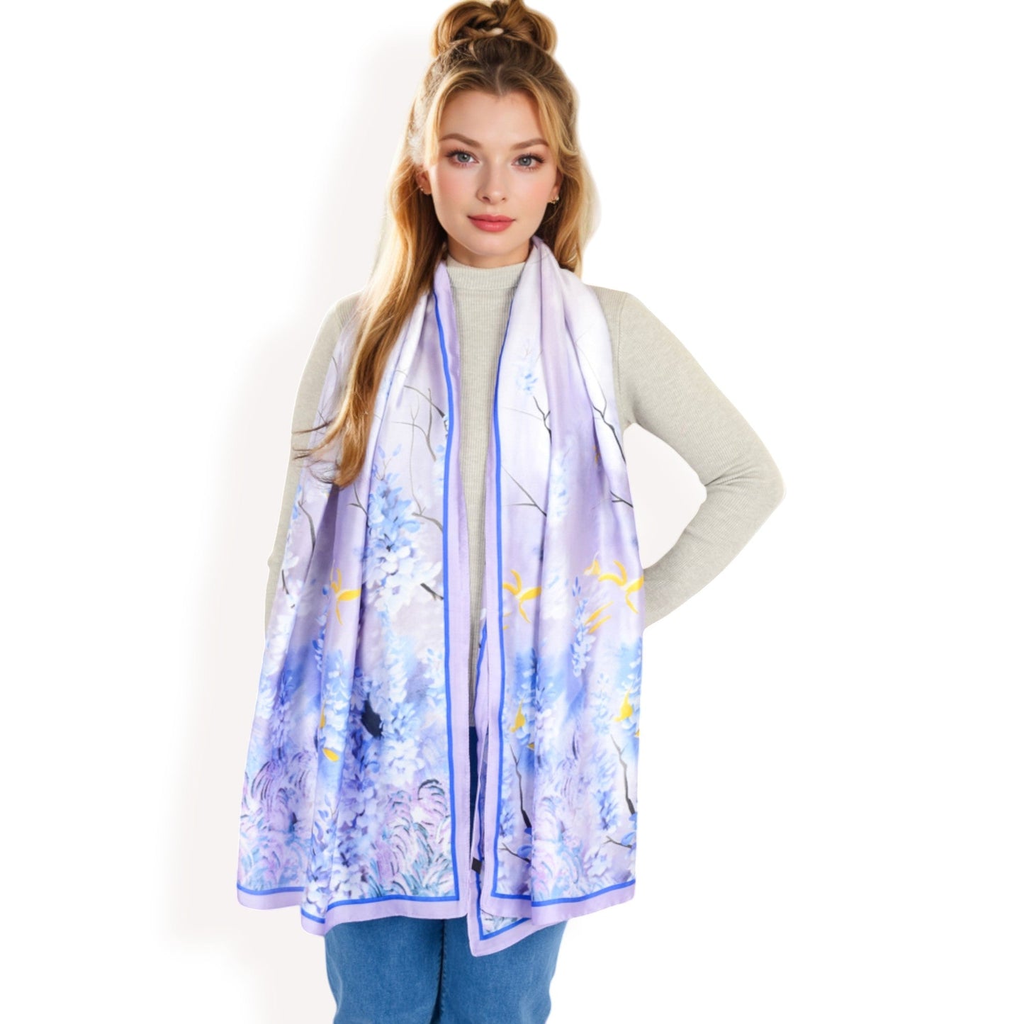 Elegant Floral Satin Scarf with Vibrant Blue and Lavender Tones for Chic and Versatile Styling