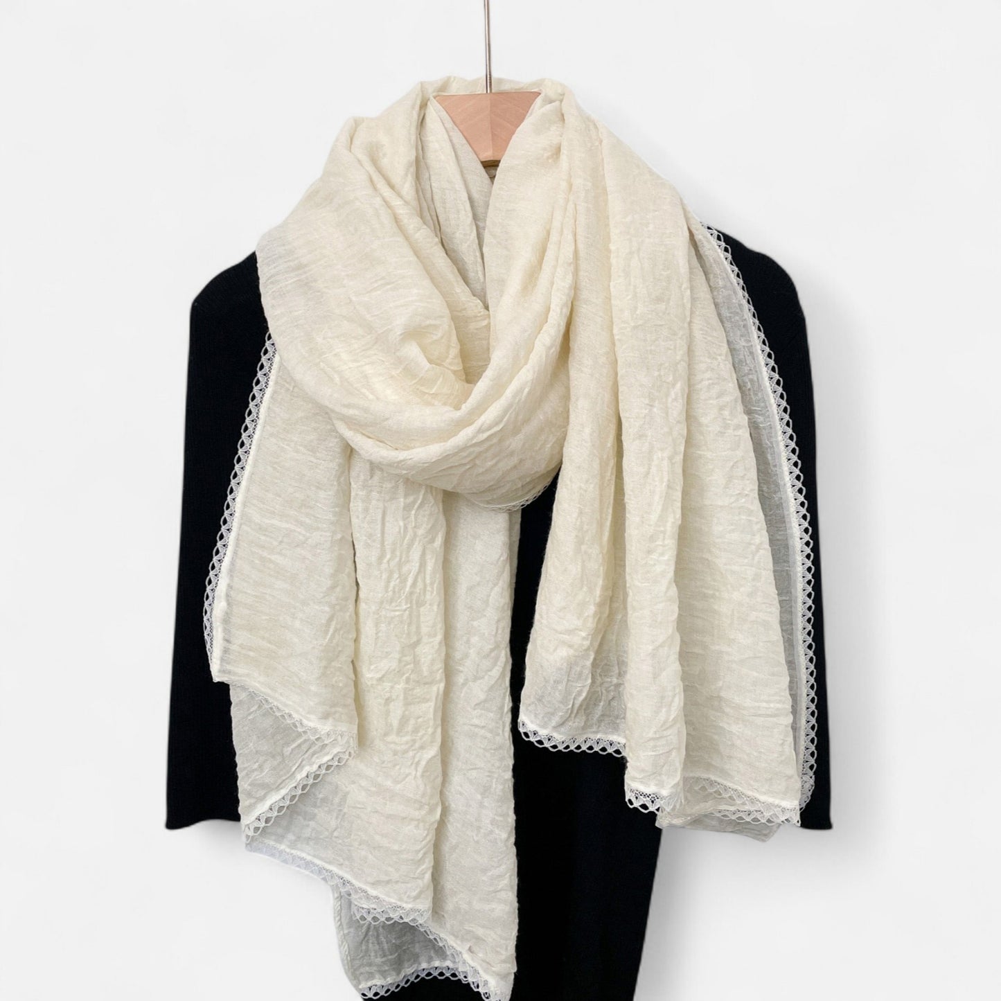 Lightweight Crinkled Wrap Scarf with Delicate Lace Trim Edges