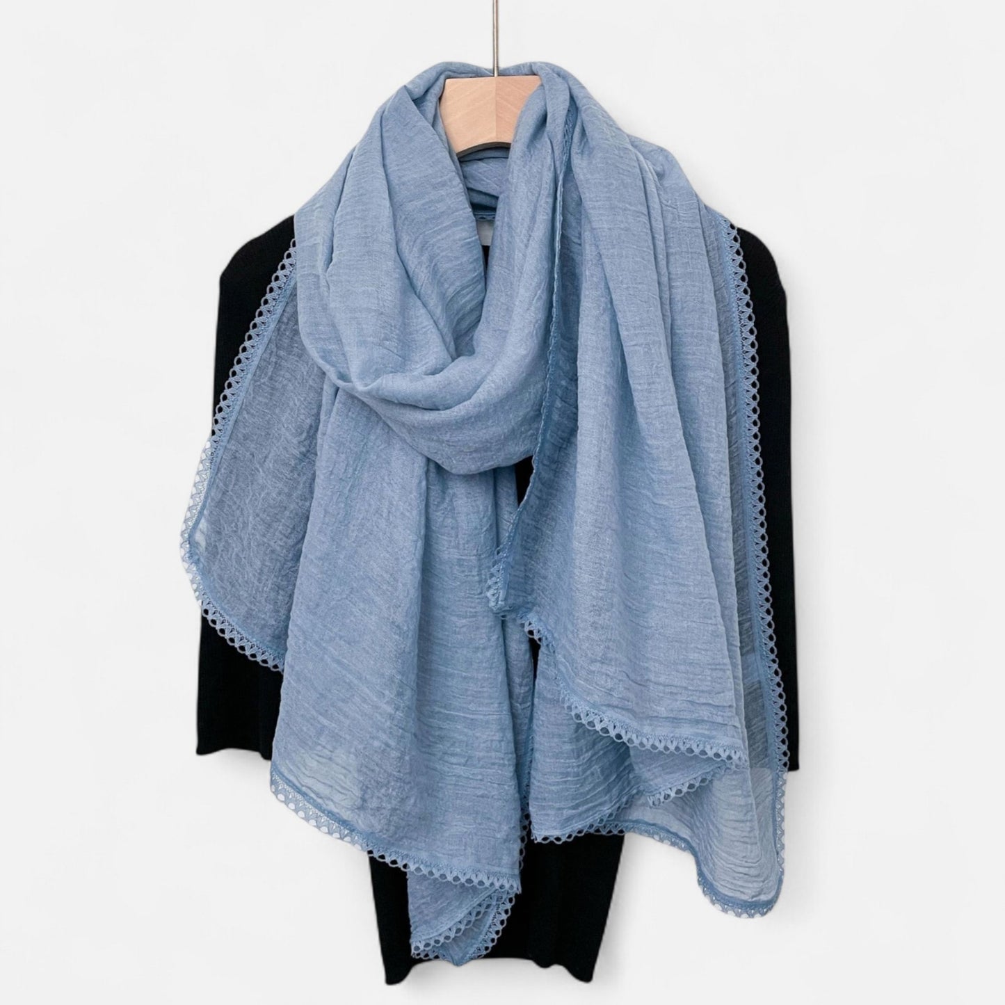 Lightweight Crinkled Wrap Scarf with Delicate Lace Trim Edges