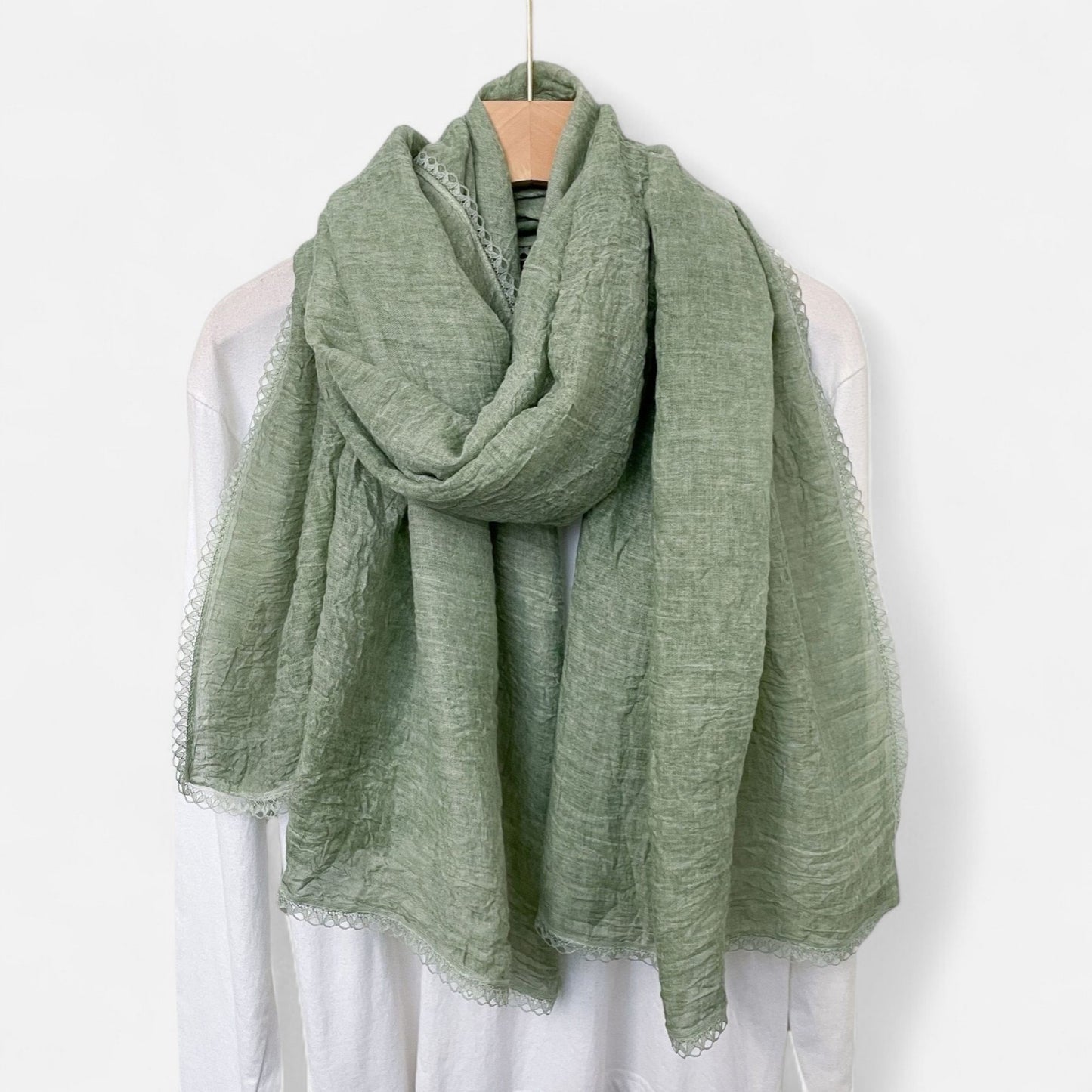 Lightweight Crinkled Wrap Scarf with Delicate Lace Trim Edges