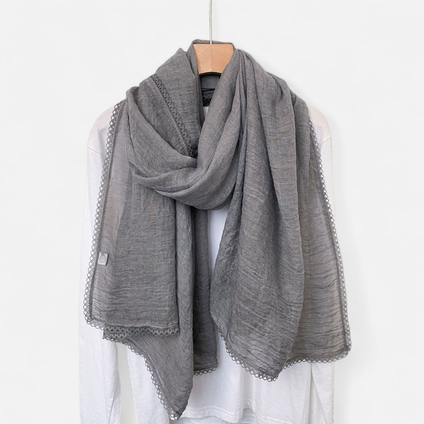 Lightweight Crinkled Wrap Scarf with Delicate Lace Trim Edges