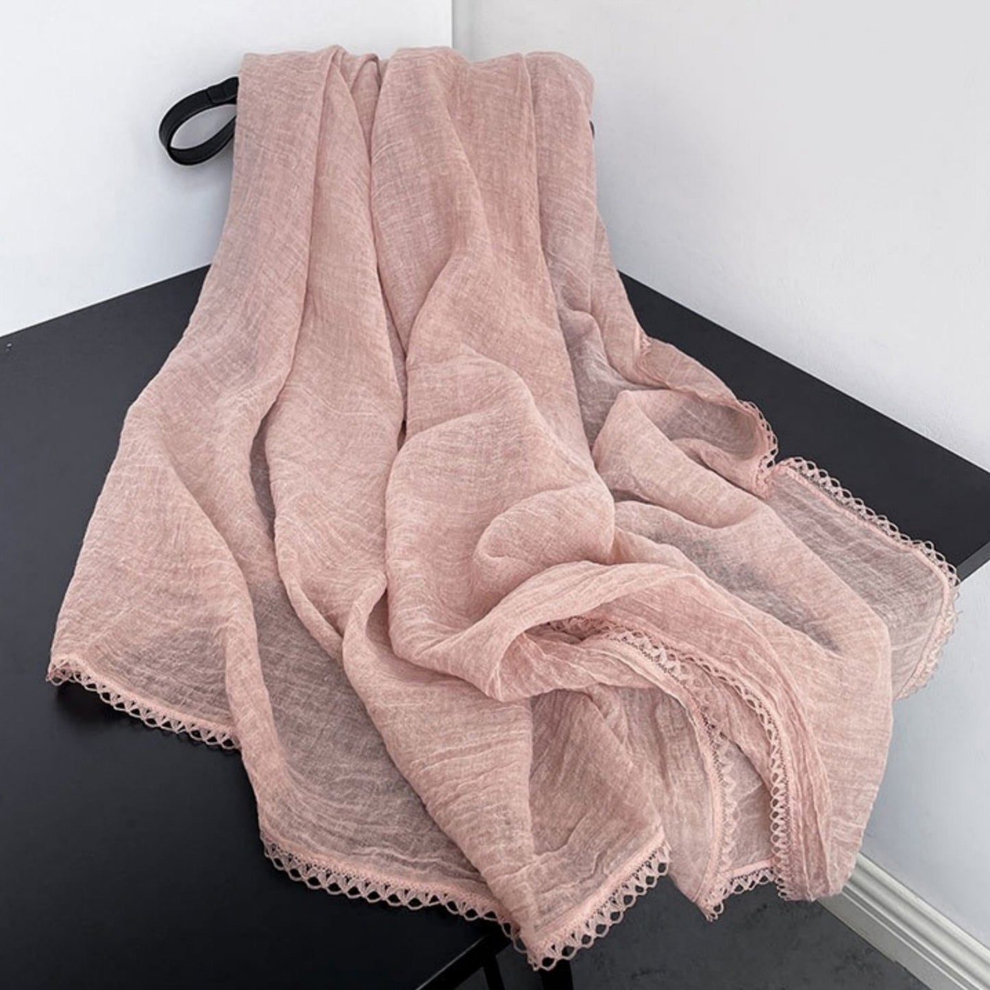 Lightweight Crinkled Wrap Scarf with Delicate Lace Trim Edges