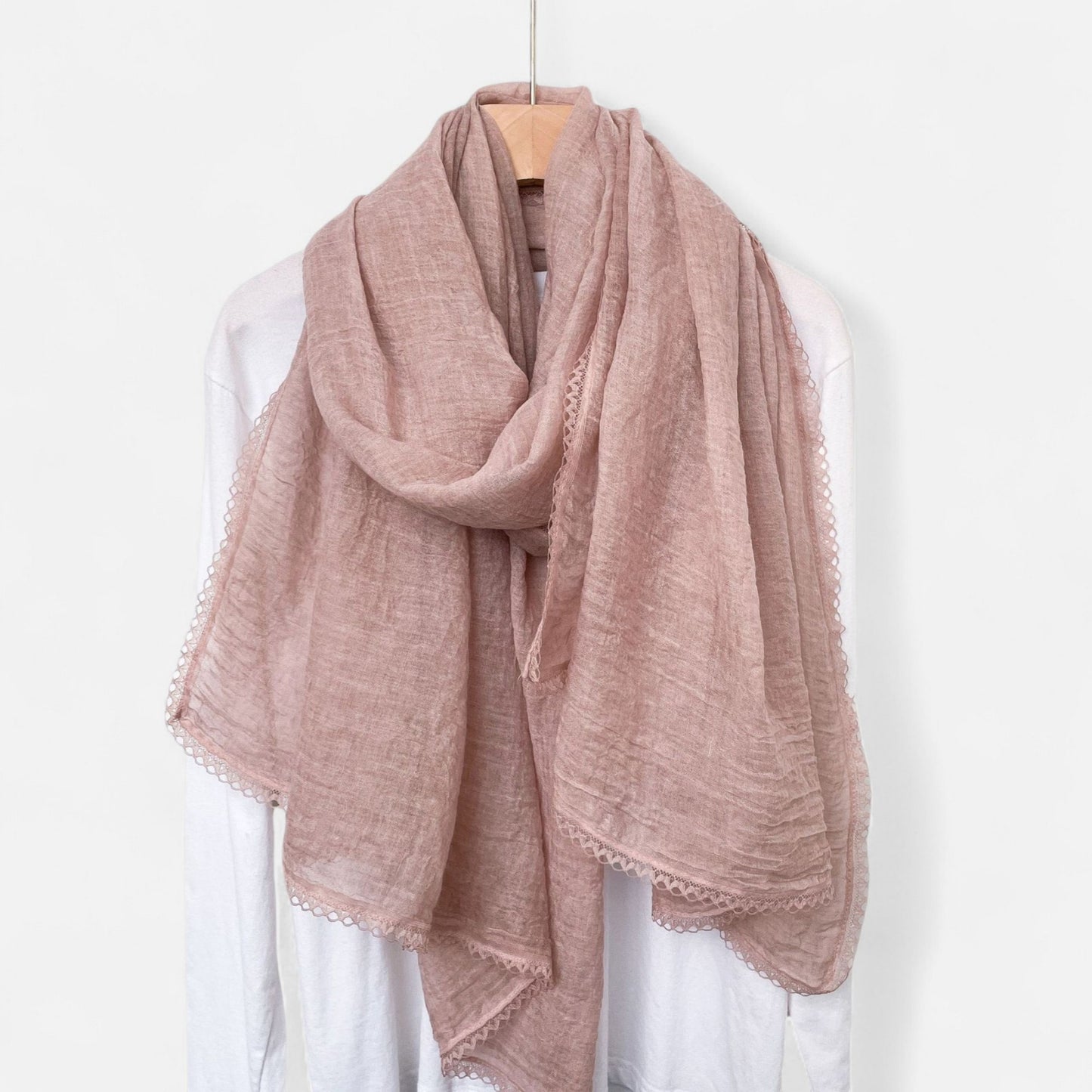 Lightweight Crinkled Wrap Scarf with Delicate Lace Trim Edges