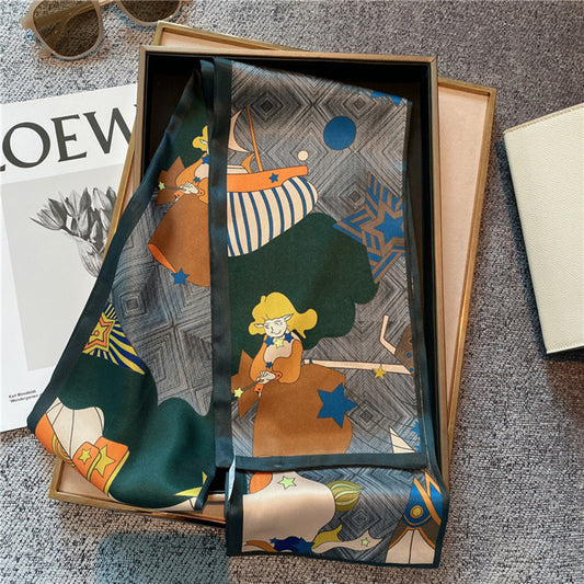 Women's Silky Rectangular Neck Scarf with Abstract Print Border Design for Versatile Styling