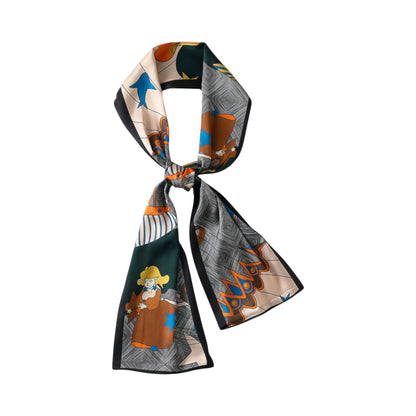 Women's Silky Rectangular Neck Scarf with Abstract Print Border Design for Versatile Styling