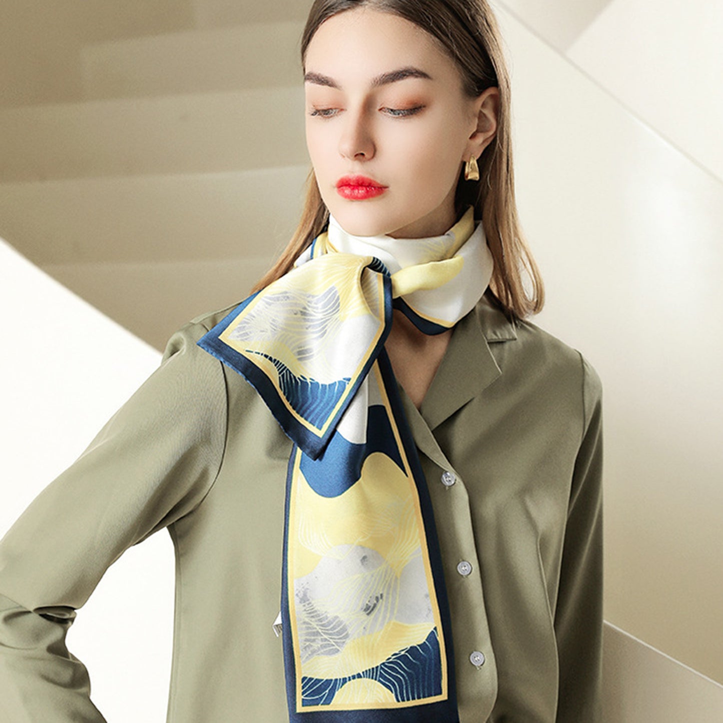 Women's Silky Rectangular Neck Scarf with Abstract Print Border Design for Versatile Styling