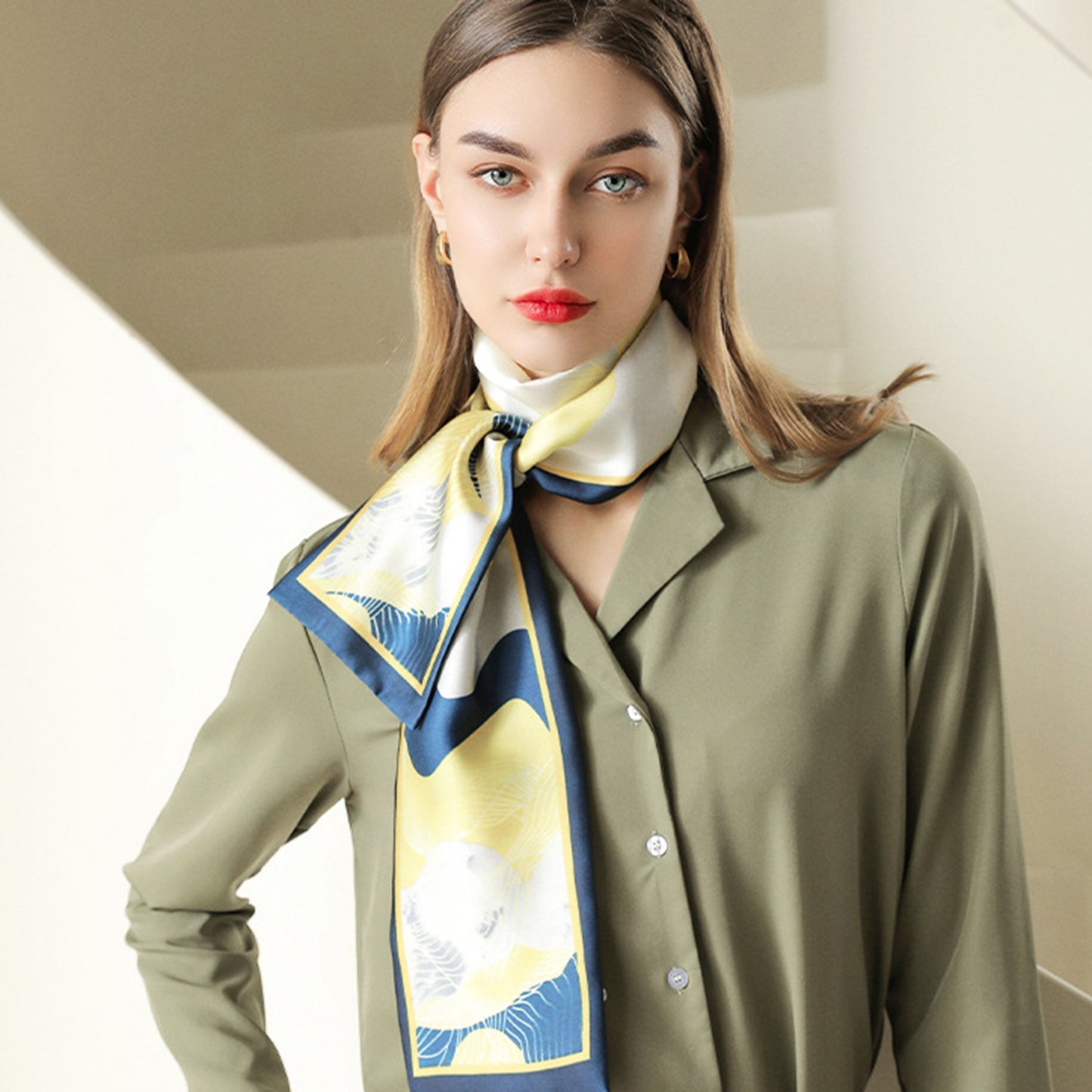 Women's Silky Rectangular Neck Scarf with Abstract Print Border Design for Versatile Styling