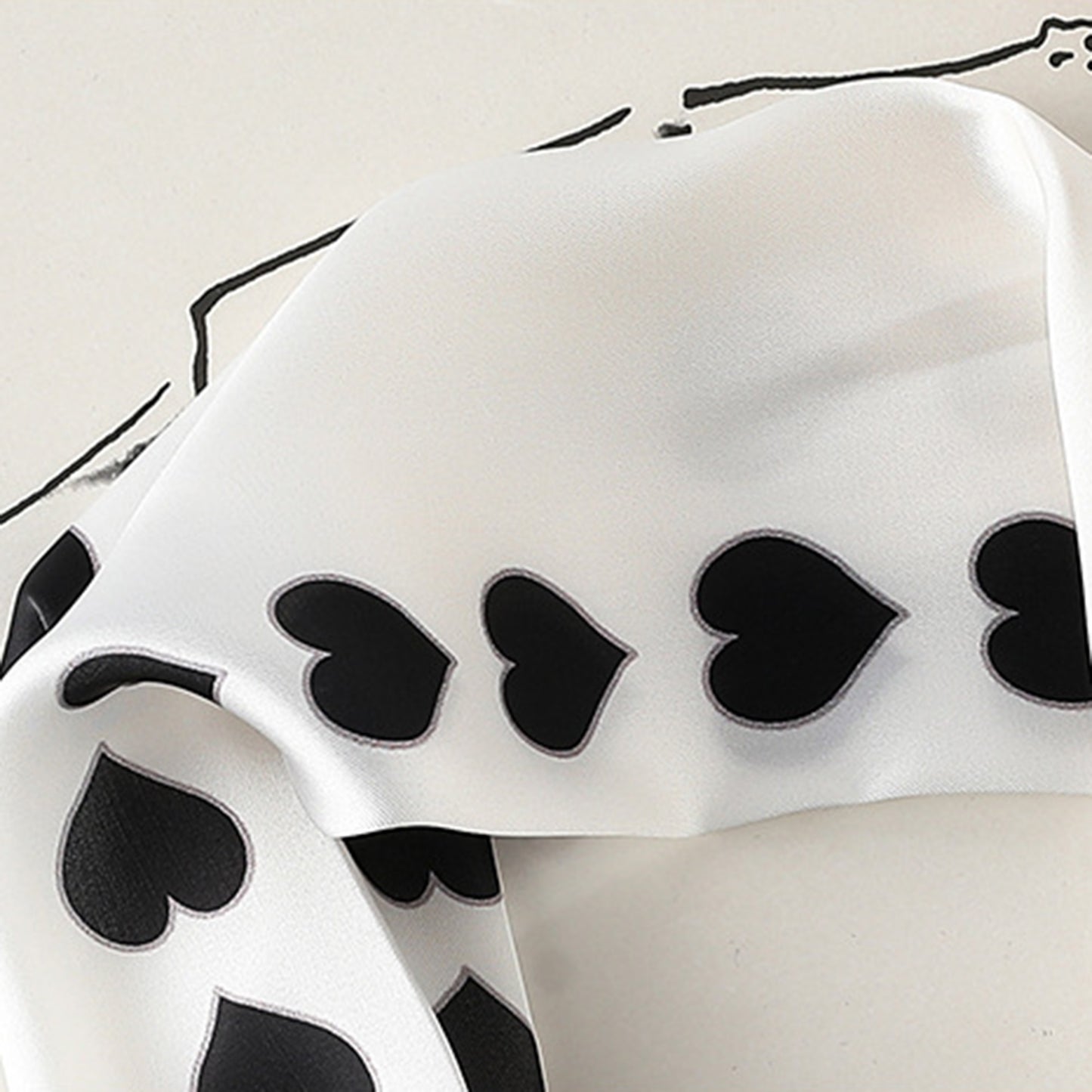 Women's Silky Square Neck Scarf with Black Heart Pattern for Hair and Bag Styling