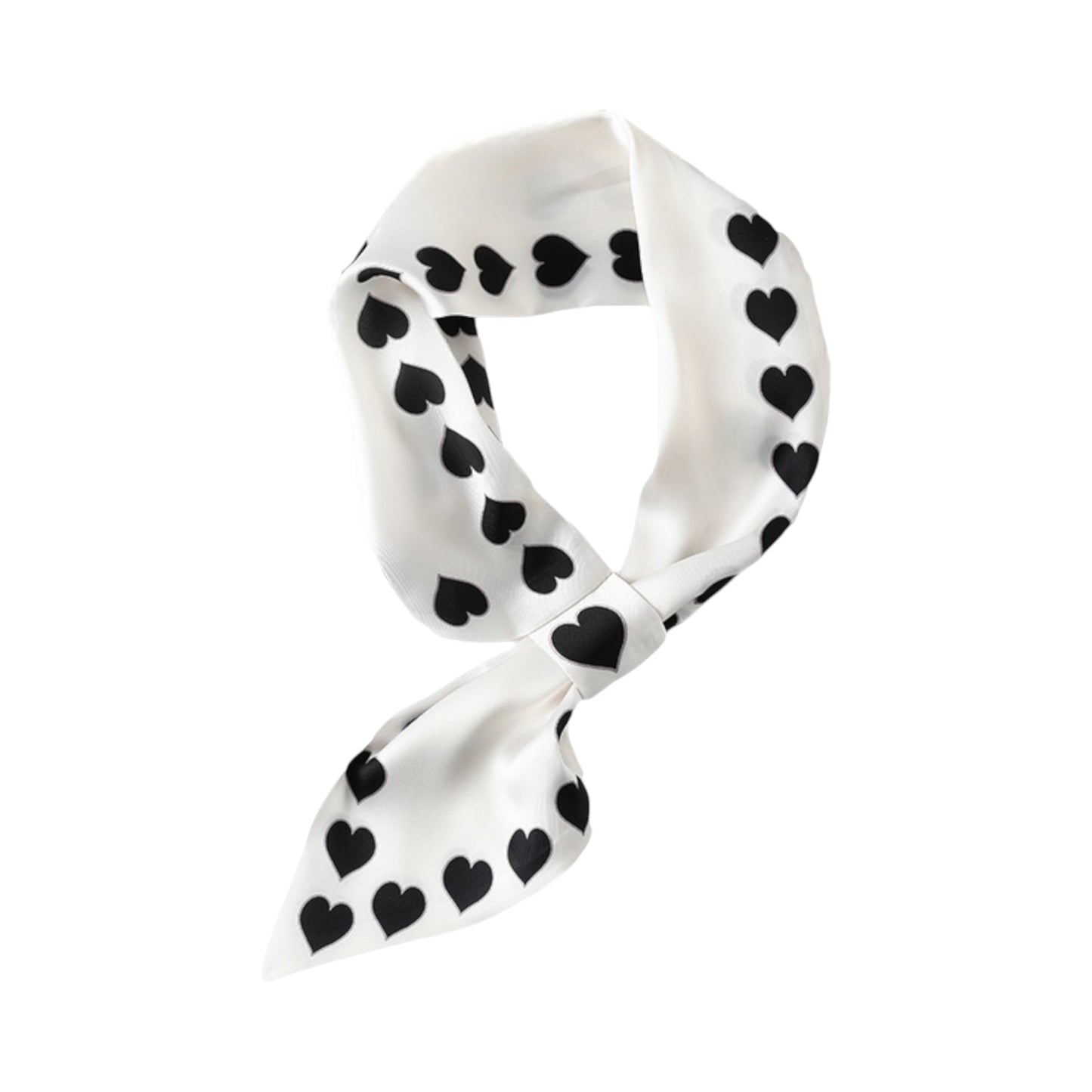Women's Silky Square Neck Scarf with Black Heart Pattern for Hair and Bag Styling