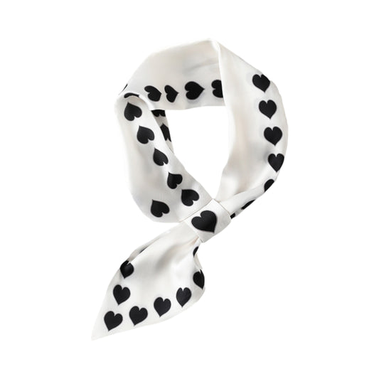 Women's Silky Square Neck Scarf with Black Heart Pattern for Hair and Bag Styling