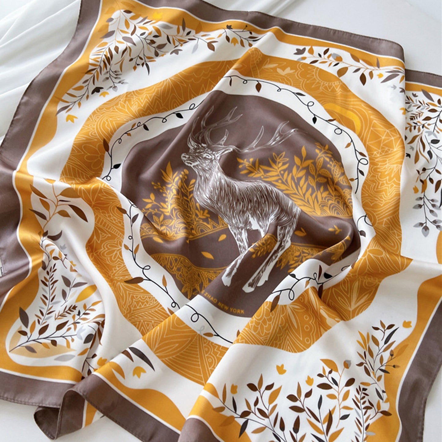 Women's Silky Square Neck Scarf with Abstract Floral Pattern for Hair and Bag Styling