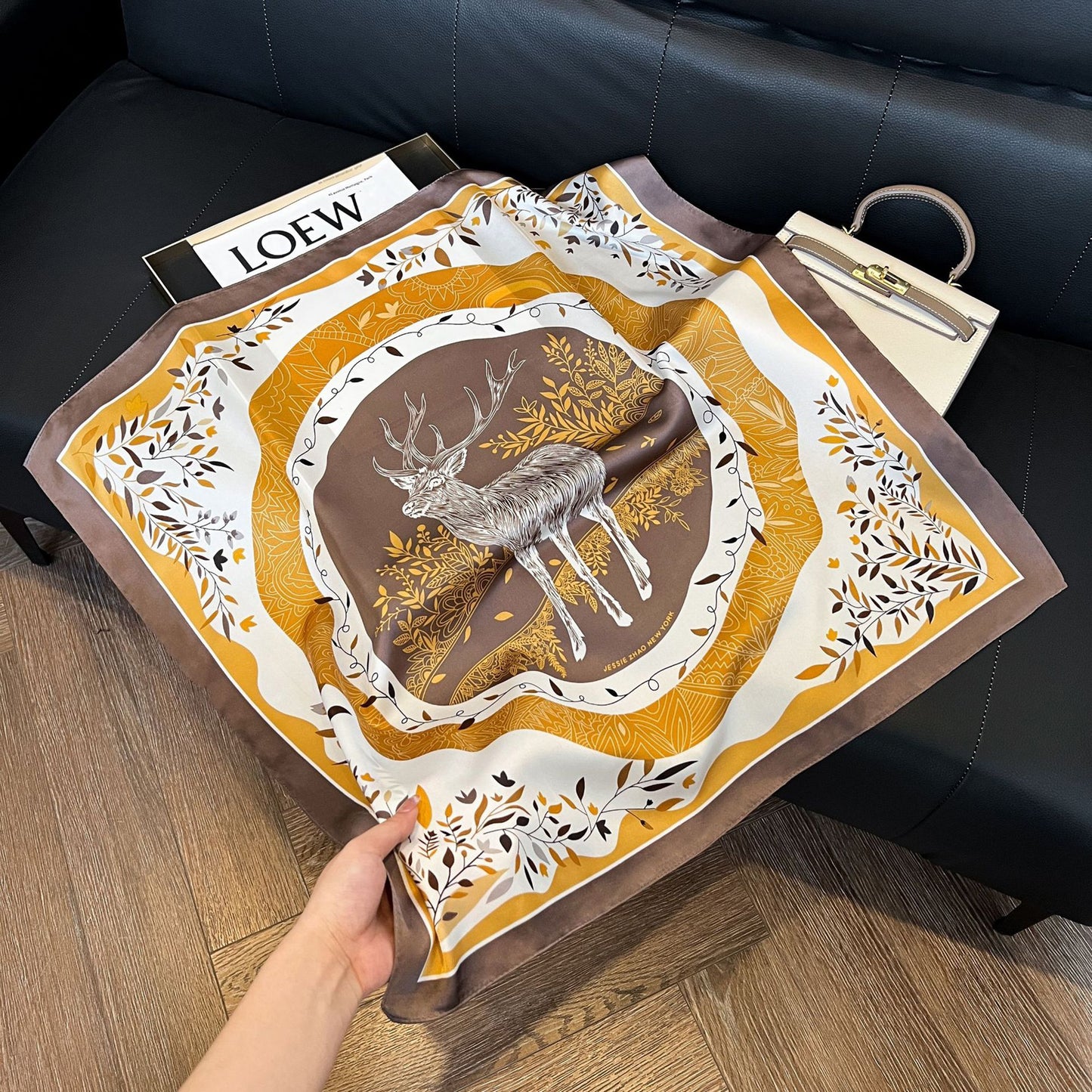 Women's Silky Square Neck Scarf with Abstract Floral Pattern for Hair and Bag Styling