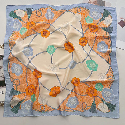 Women's Silky Square Scarf with Floral and Rope Print for Neck Hair or Bag Accessory