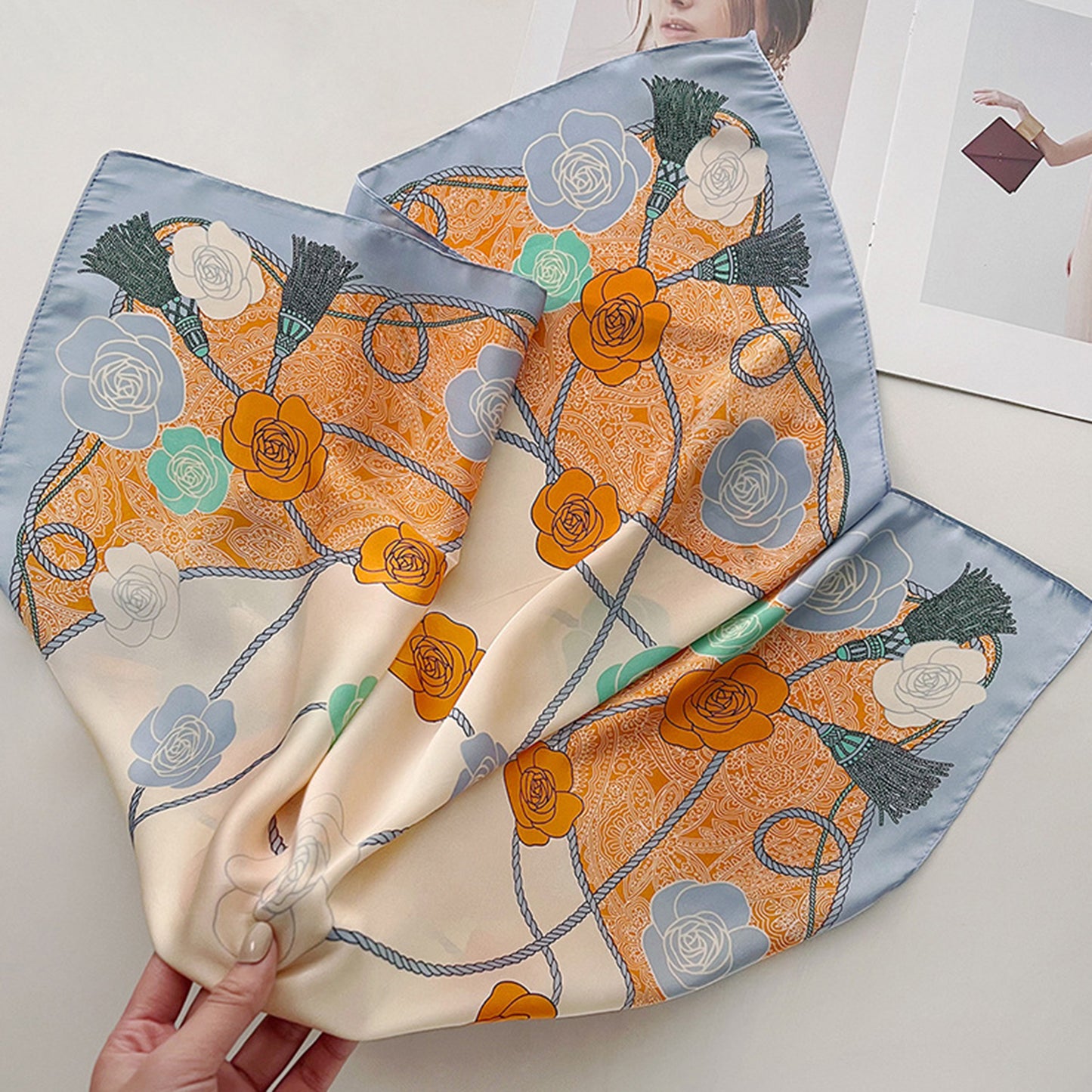 Women's Silky Square Scarf with Floral and Rope Print for Neck Hair or Bag Accessory