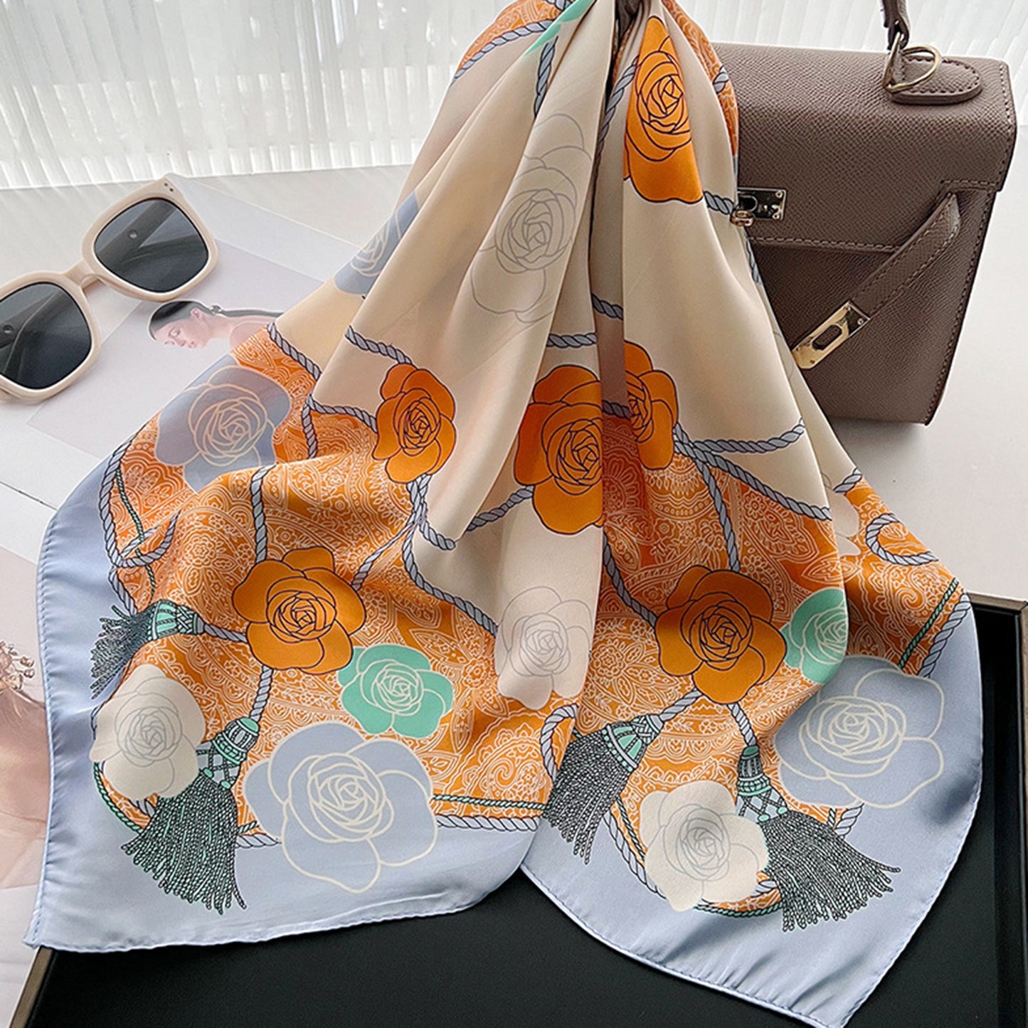 Women's Silky Square Scarf with Floral and Rope Print for Neck Hair or Bag Accessory