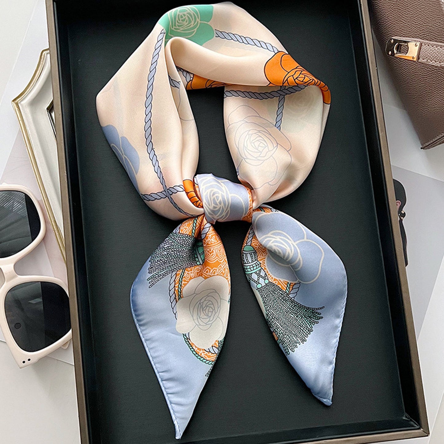 Women's Silky Square Scarf with Floral and Rope Print for Neck Hair or Bag Accessory