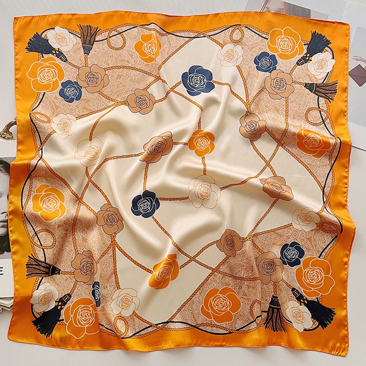Women's Silky Square Scarf with Floral and Rope Print for Neck Hair or Bag Accessory