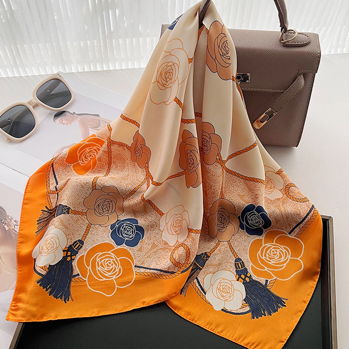 Women's Silky Square Scarf with Floral and Rope Print for Neck Hair or Bag Accessory